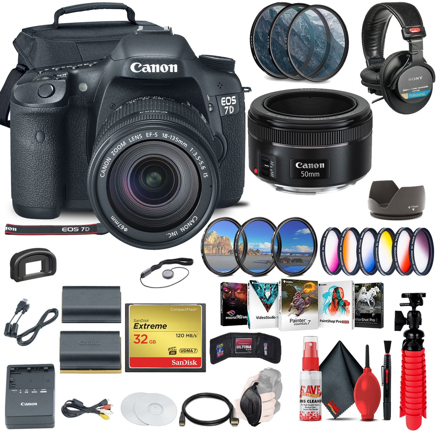 Canon EOS 7D DSLR Camera with 18-135mm Kit (3814B016) + EF 50mm Lens Advanced Bundle