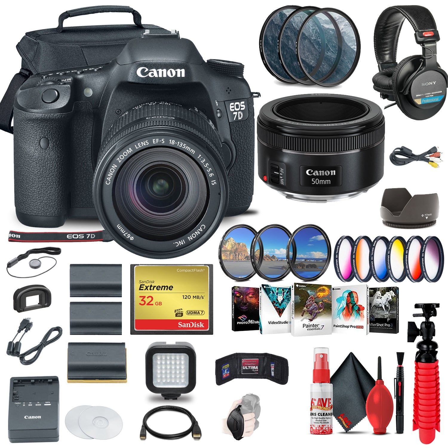 Canon EOS 7D DSLR Camera with 18-135mm Kit (3814B016) + EF 50mm Lens Ultimate Bundle