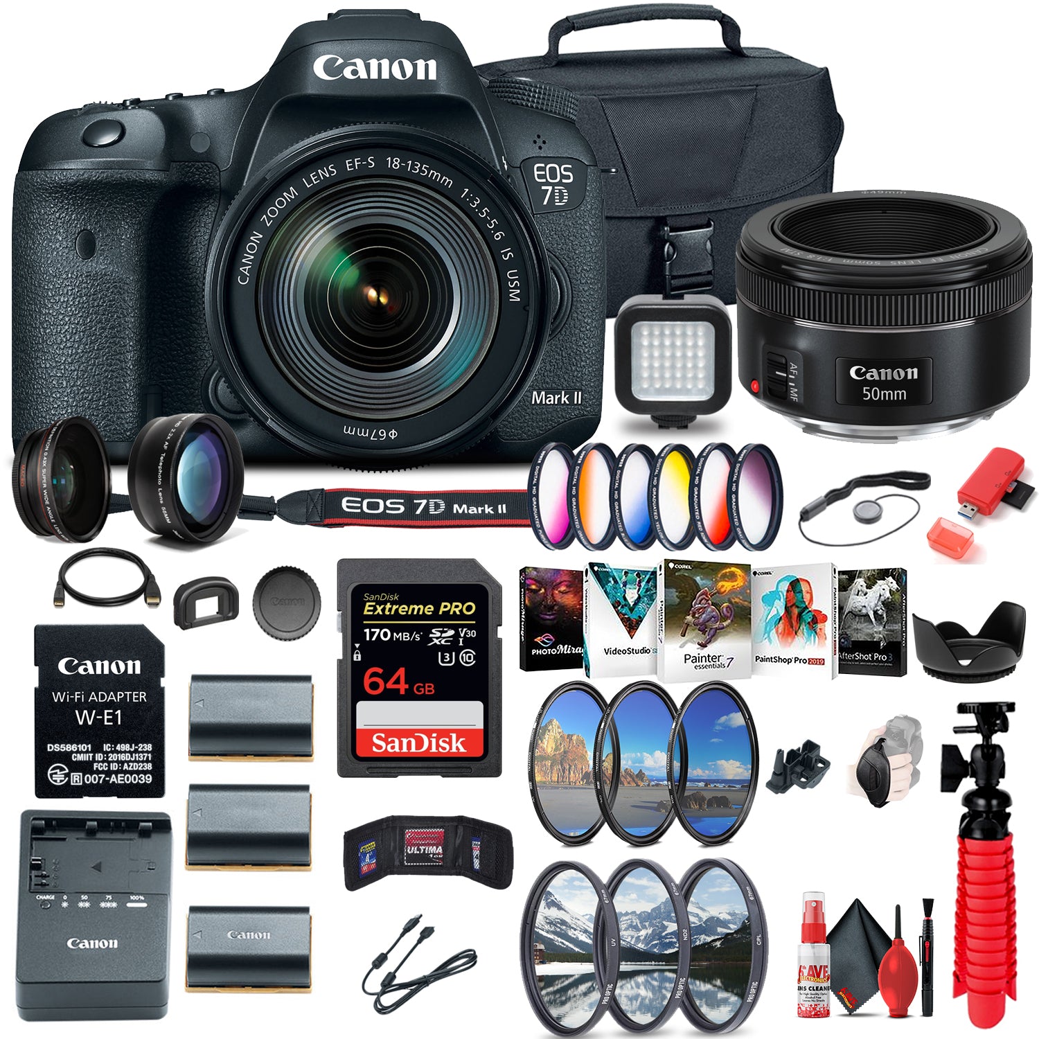 Canon EOS 7D Mark II DSLR Camera W/ 18-135mm f/3.5-5.6 IS USM Lens & W-E1 Ultimate Bundle