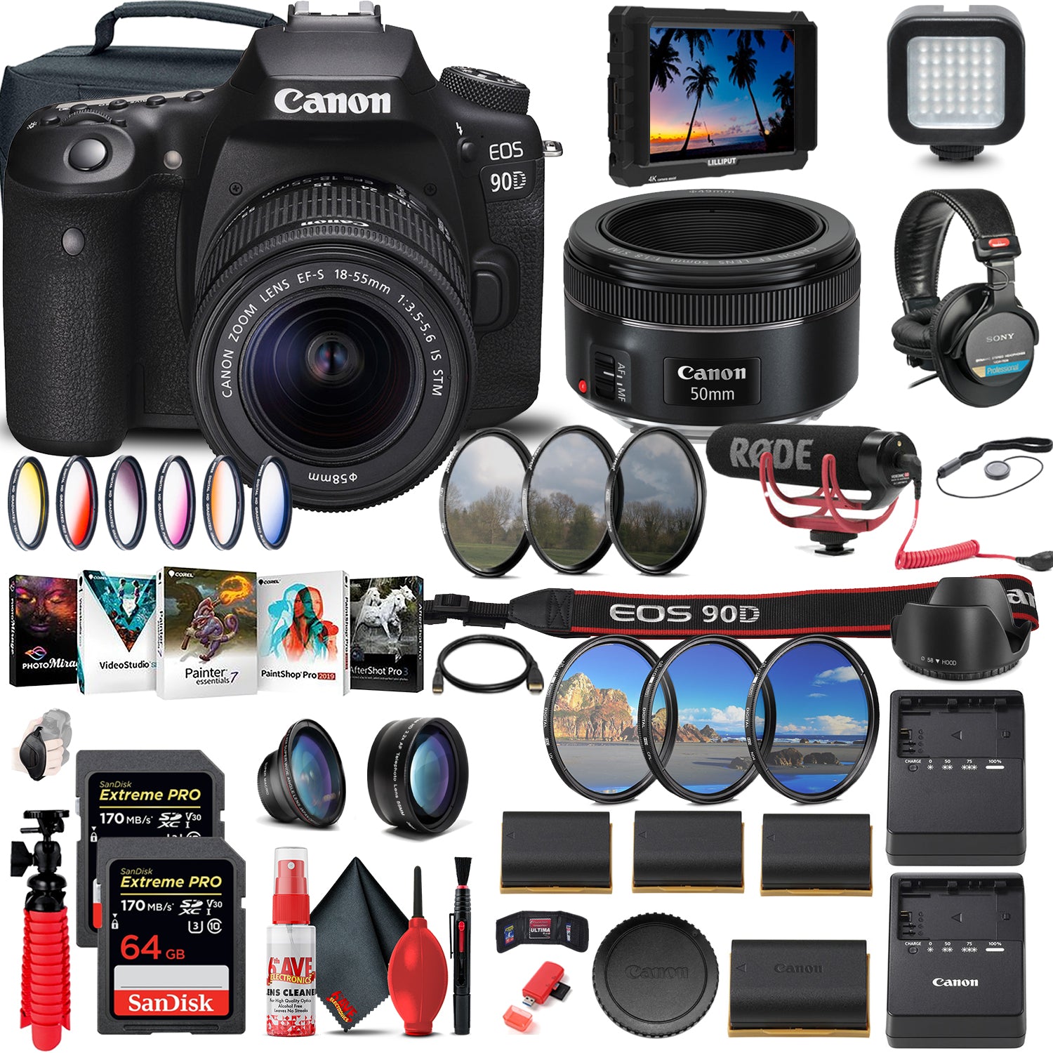 Canon EOS 90D DSLR Camera with 18-55mm Lens (3616C009) + 4K Monitor + More