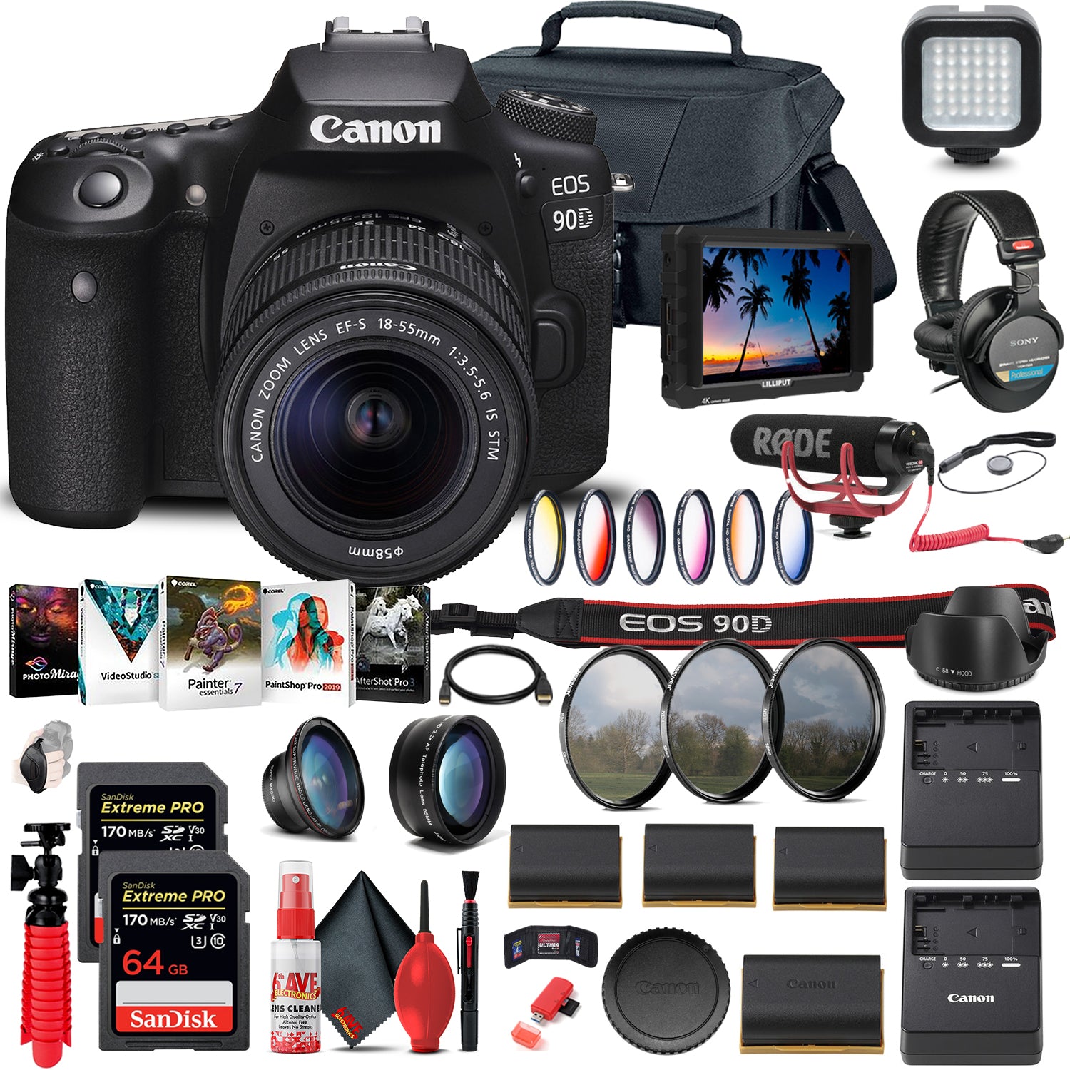 Canon EOS 90D DSLR Camera with 18-55mm Lens (3616C009) + 4K Monitor + Mic + More
