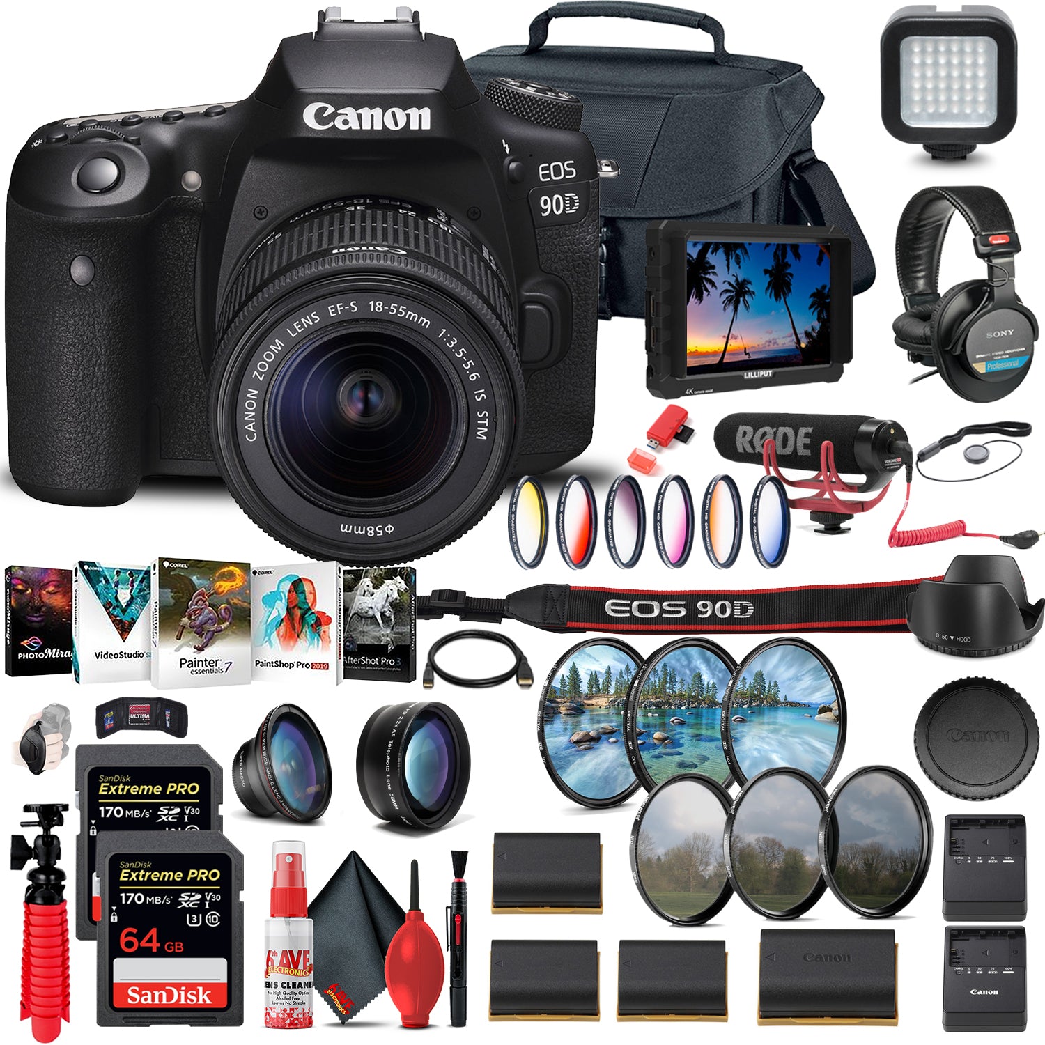 Canon EOS 90D DSLR Camera with 18-55mm (3616C009) + 4K Monitor + Lens + More