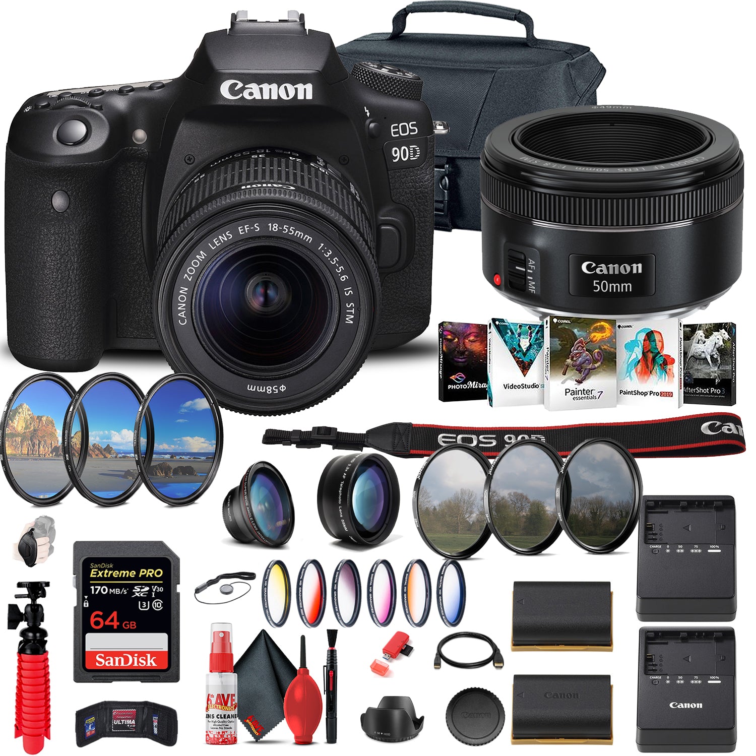 Canon EOS 90D DSLR Camera with 18-55mm Lens + Canon EF 50mm Lens + 64GB + More