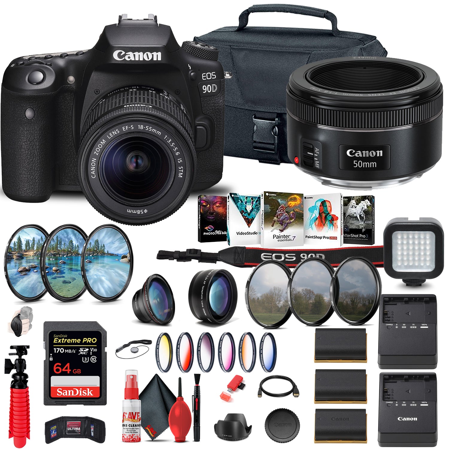 Canon EOS 90D DSLR Camera with 18-55mm Lens + Canon EF 50mm Lens + 64GB + More