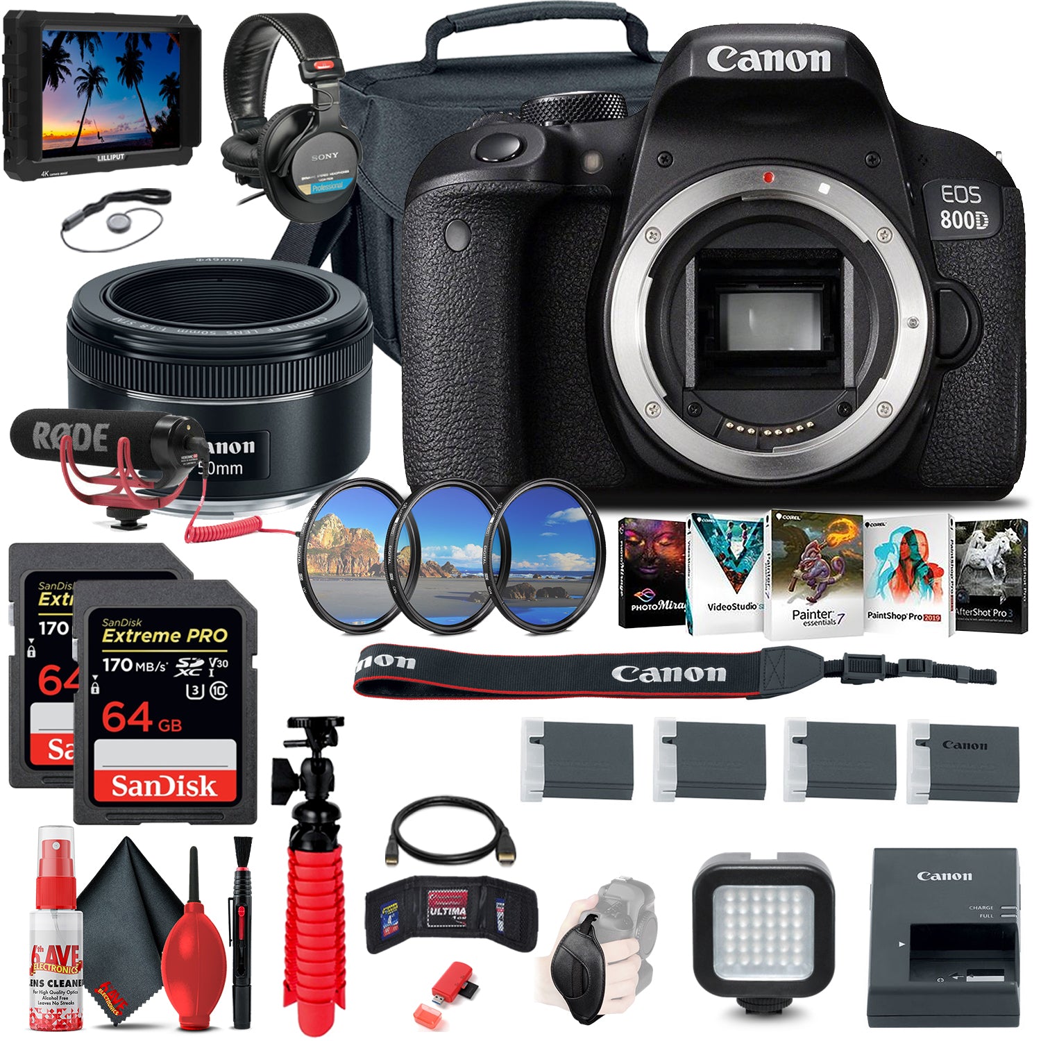 Canon EOS Rebel 800D / T7i DSLR Camera (Body Only) + 4K Monitor + Canon EF 50mm