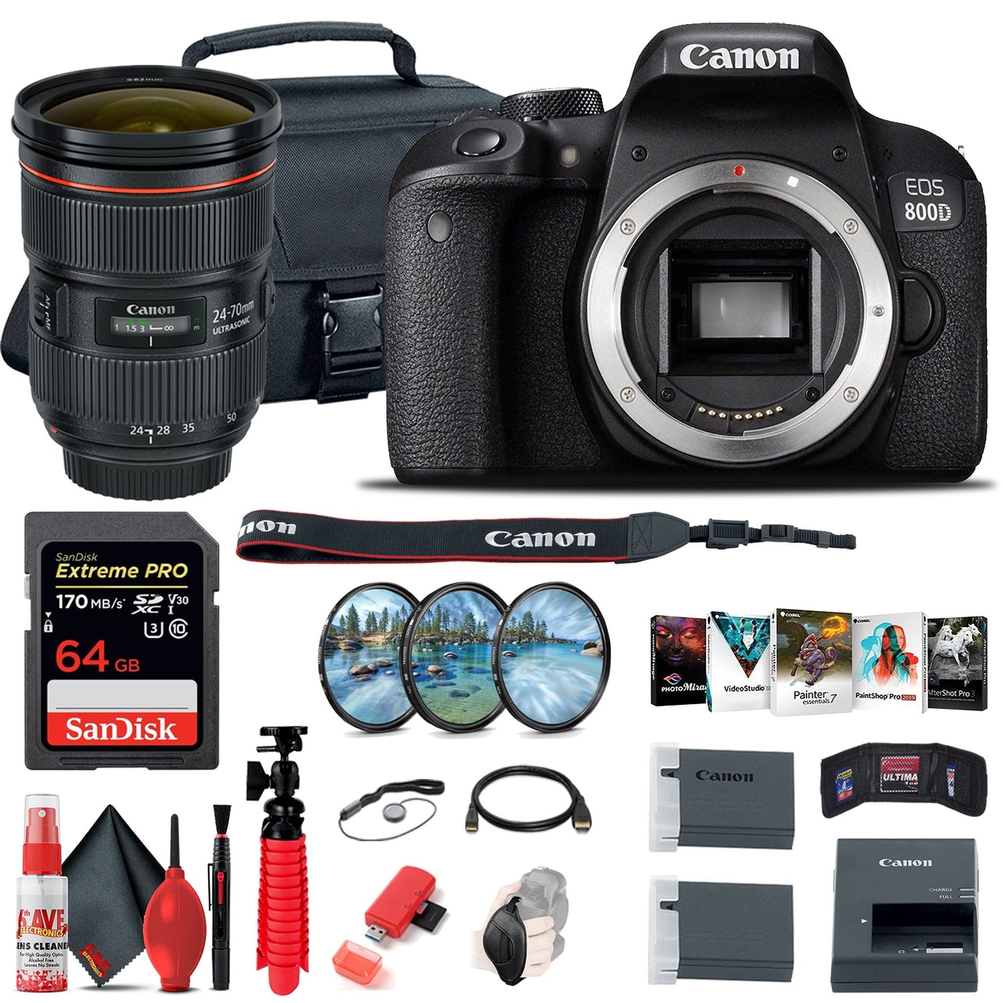 Canon EOS Rebel 800D / T7i DSLR Camera Body Only + EF 24-70mm Lens + More - Reconditioned Canon