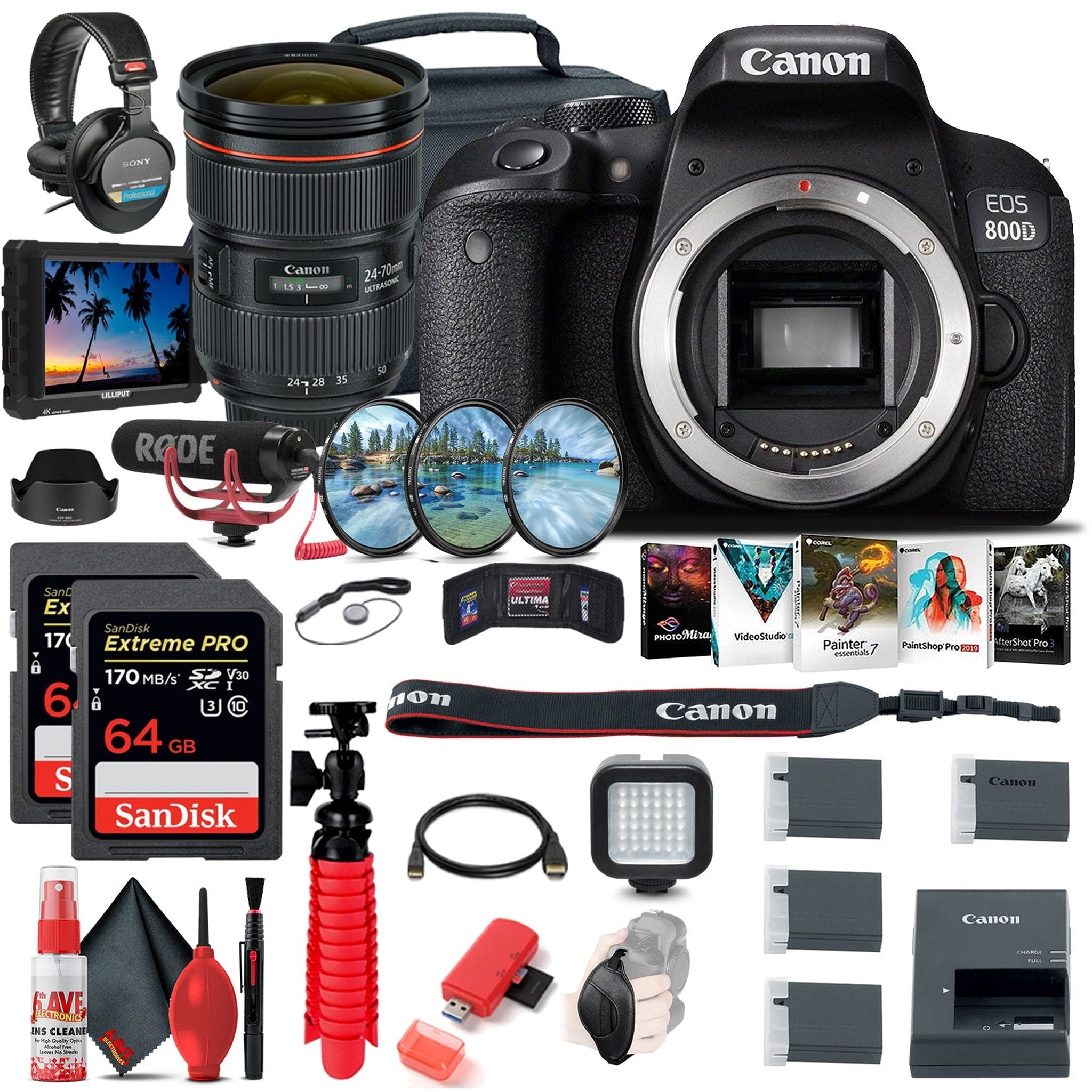 Canon EOS Rebel 800D / T7i DSLR Camera + 4K Monitor + Canon EF 24-70 + More - Reconditioned Canon