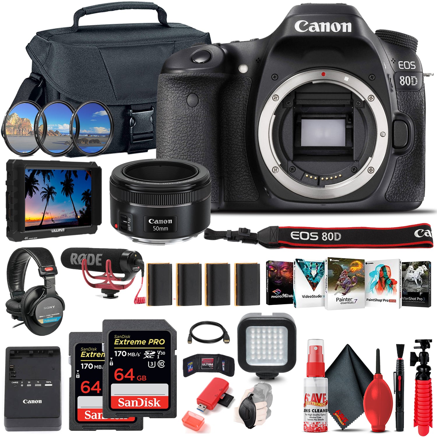 Canon EOS 80D DSLR Camera (1263C004) + 4K Monitor + Canon EF 50mm + More