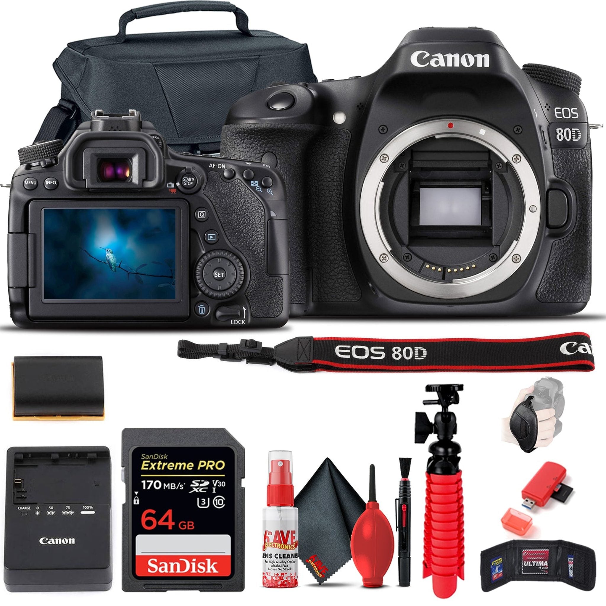 Canon EOS 80D DSLR Camera Body Only 1263C004 + 64GB Card + Case + More - Reconditioned Canon