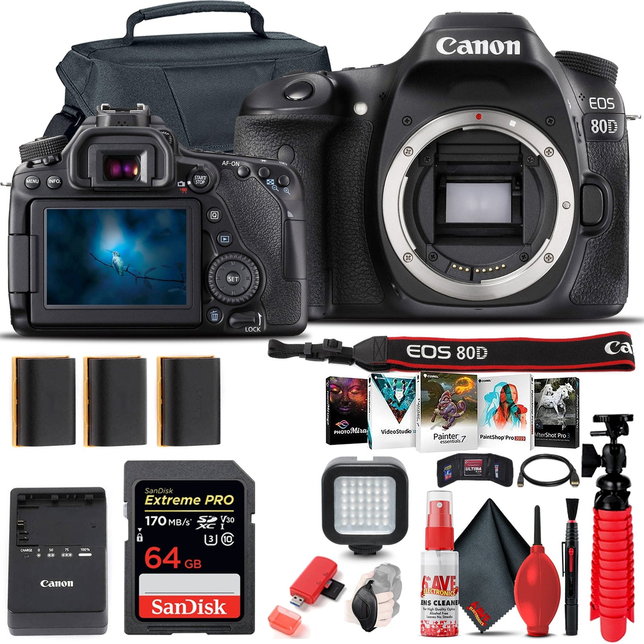 Canon EOS 80D DSLR Camera Body Only 1263C004 + 64GB Card + Case + More - Reconditioned Canon