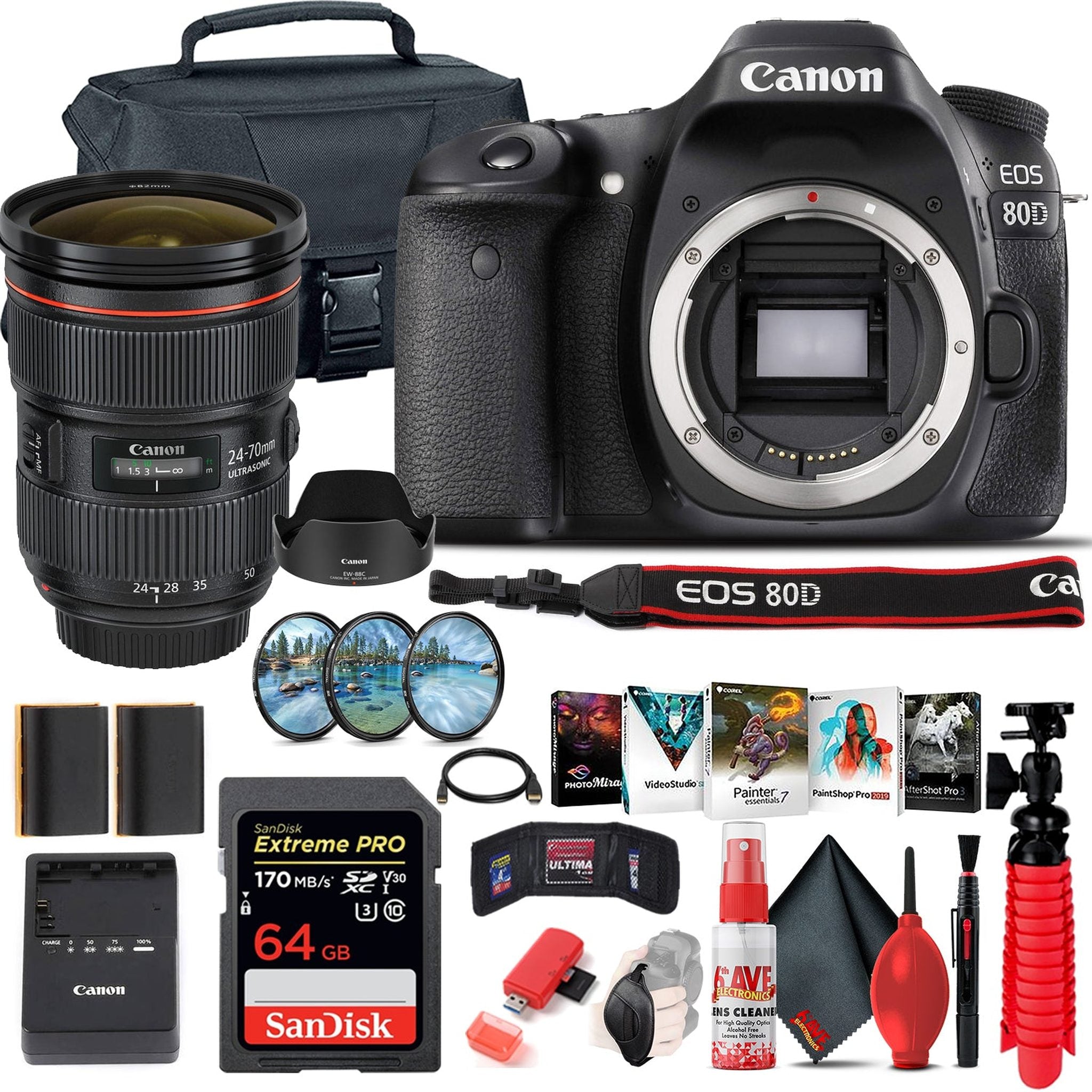 Canon EOS 80D DSLR Camera Body Only 1263C004 + Canon EF 24-70mm Lens + 64GB - Reconditioned Canon