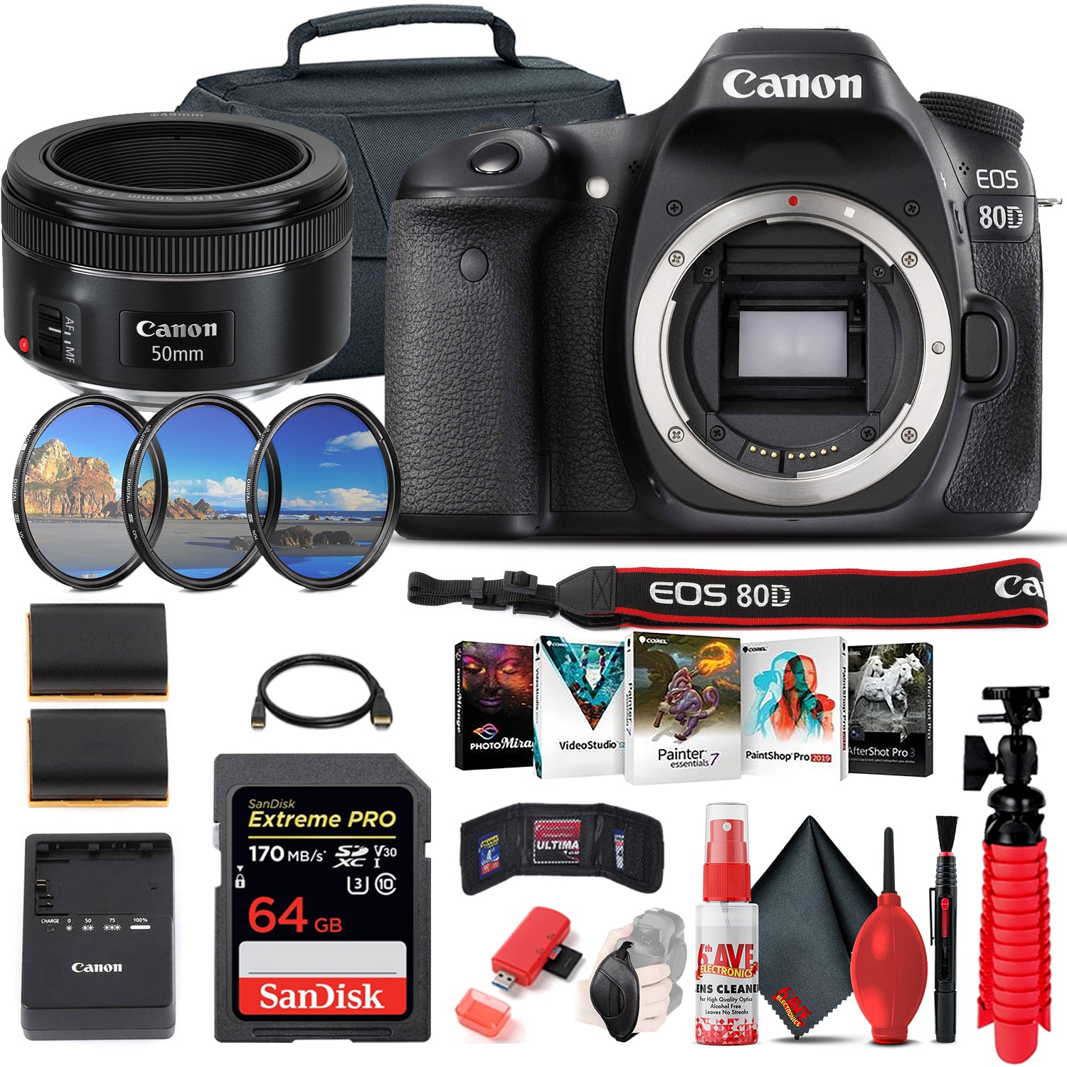 Canon EOS 80D DSLR Camera (Body Only) (1263C004) + EF 50mm Lens + 64GB Advanced Bundle