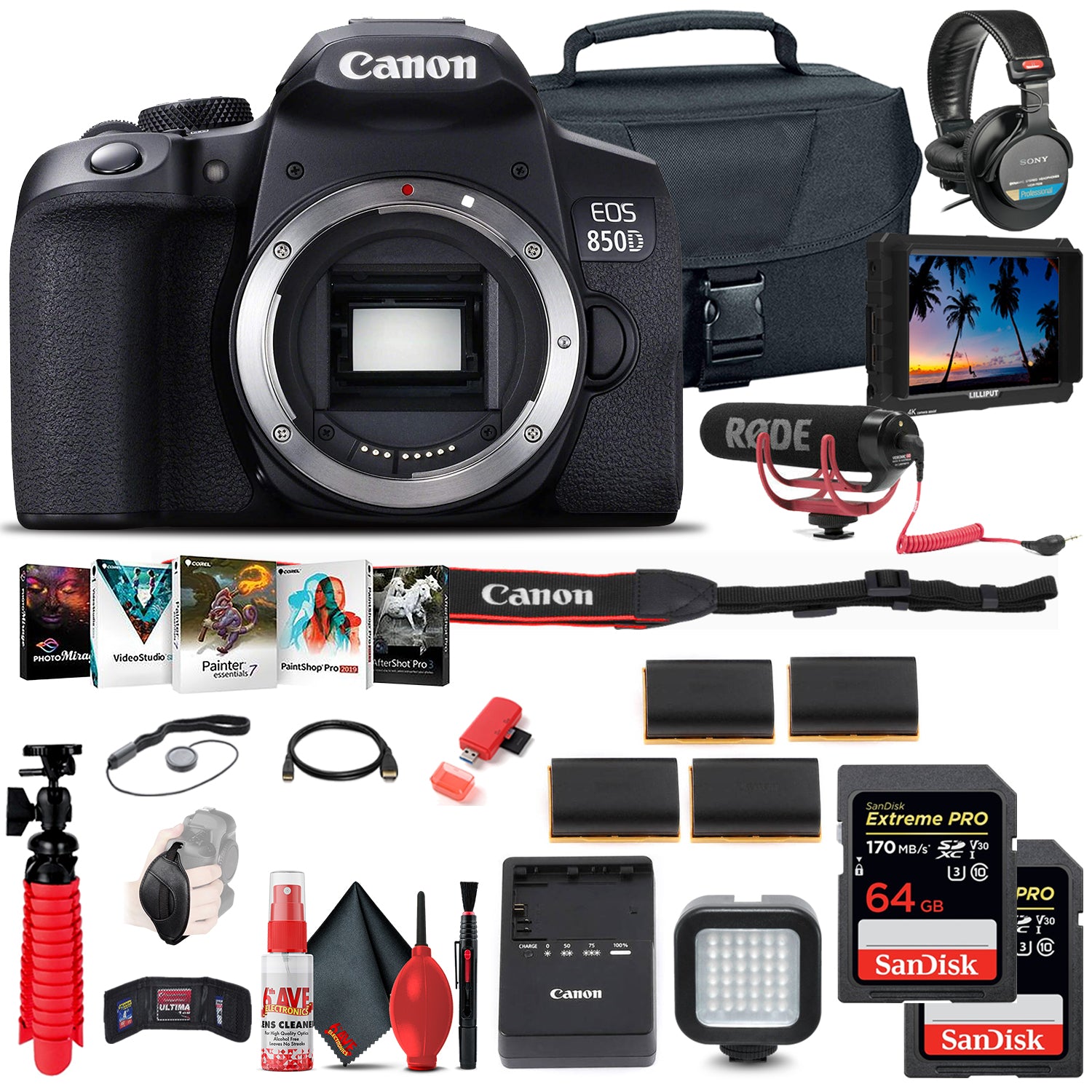 Canon EOS Rebel 850D / T8i DSLR Camera (Body Only)  + 4K Monitor + Mic + More
