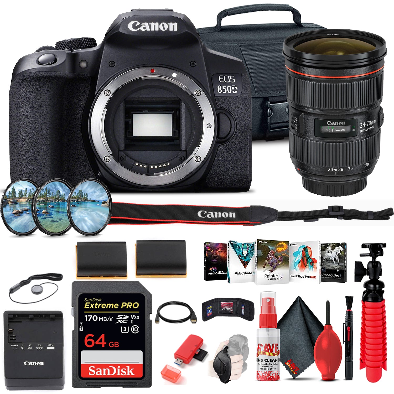 Canon EOS Rebel 850D / T8i DSLR Camera + Canon EF 24-70mm Lens Storage Bundle