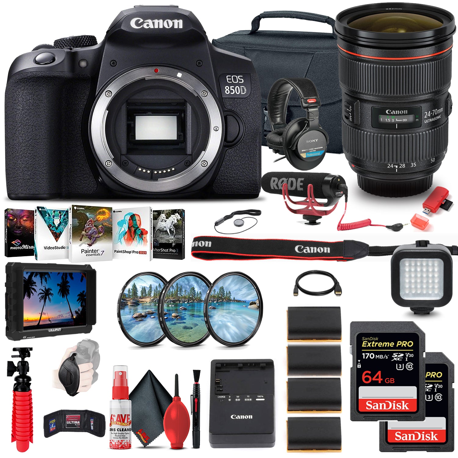 Canon EOS Rebel 850D / T8i DSLR Camera + Canon EF 24-70mm Lens Monitor Bundle