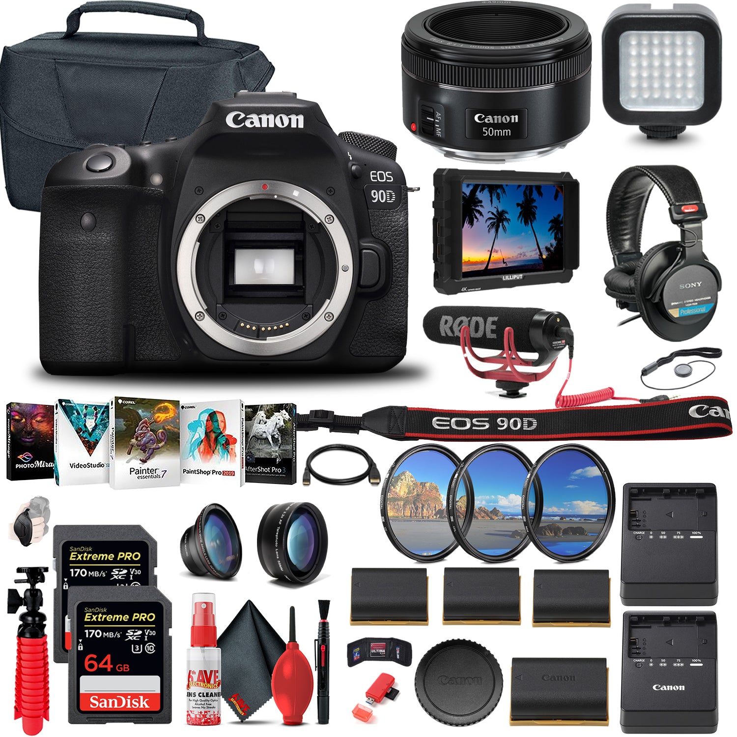 Canon EOS 90D DSLR Camera (Body Only) (3616C002) + 4K Monitor + EF 50mm + More