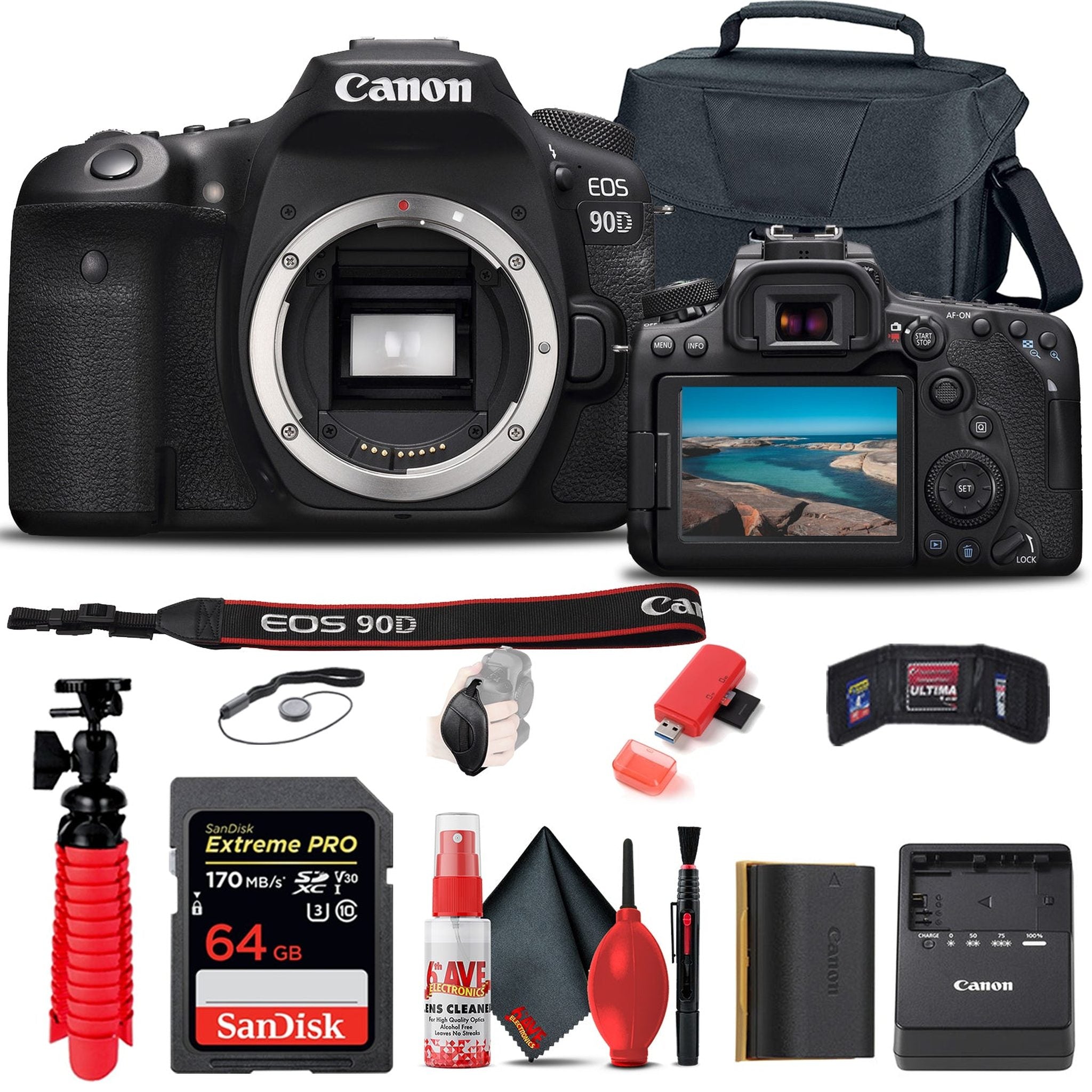 Canon EOS 90D DSLR Camera Body Only 3616C002 + 64GB Card + Case + More - Reconditioned Canon