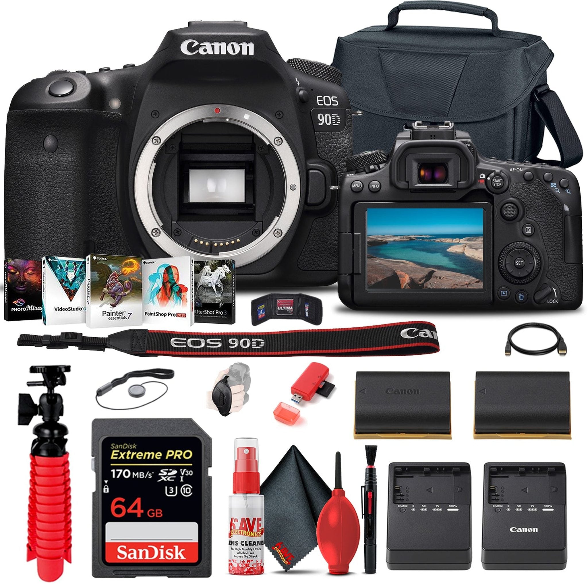 Canon EOS 90D DSLR Camera Body Only 3616C002 + 64GB Card + Case + More - Reconditioned Canon