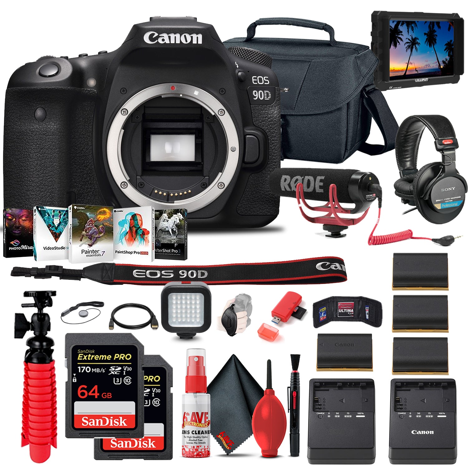 Canon EOS 90D DSLR Camera (Body Only) (3616C002) + 4K Monitor + Mic + More