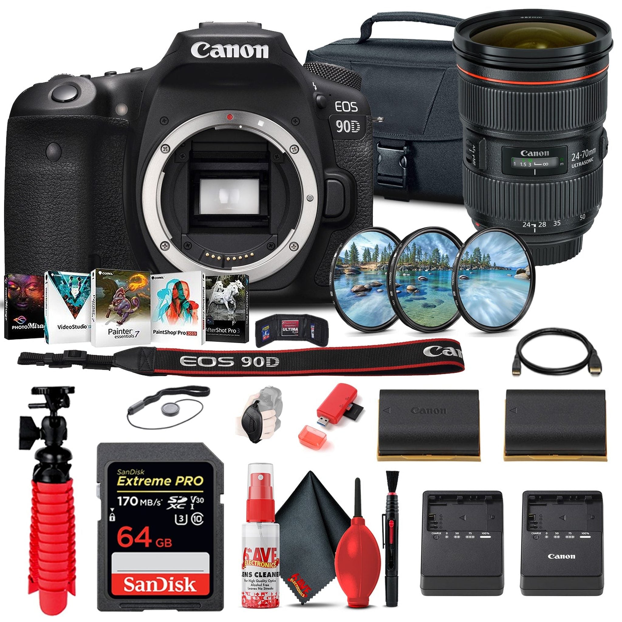 Canon EOS 90D DSLR Camera Body Only 3616C002 + Canon EF 24-70mm Lens + 64GB - Reconditioned Canon