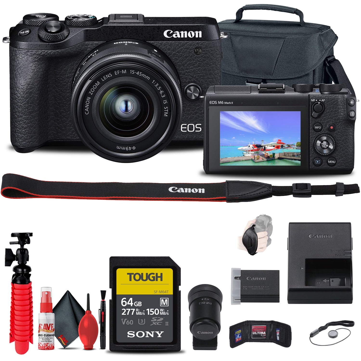 Canon EOS M6 Mark II Mirrorless Camera with 15-45mm Lens and EVF-DC2 Portable Bundle