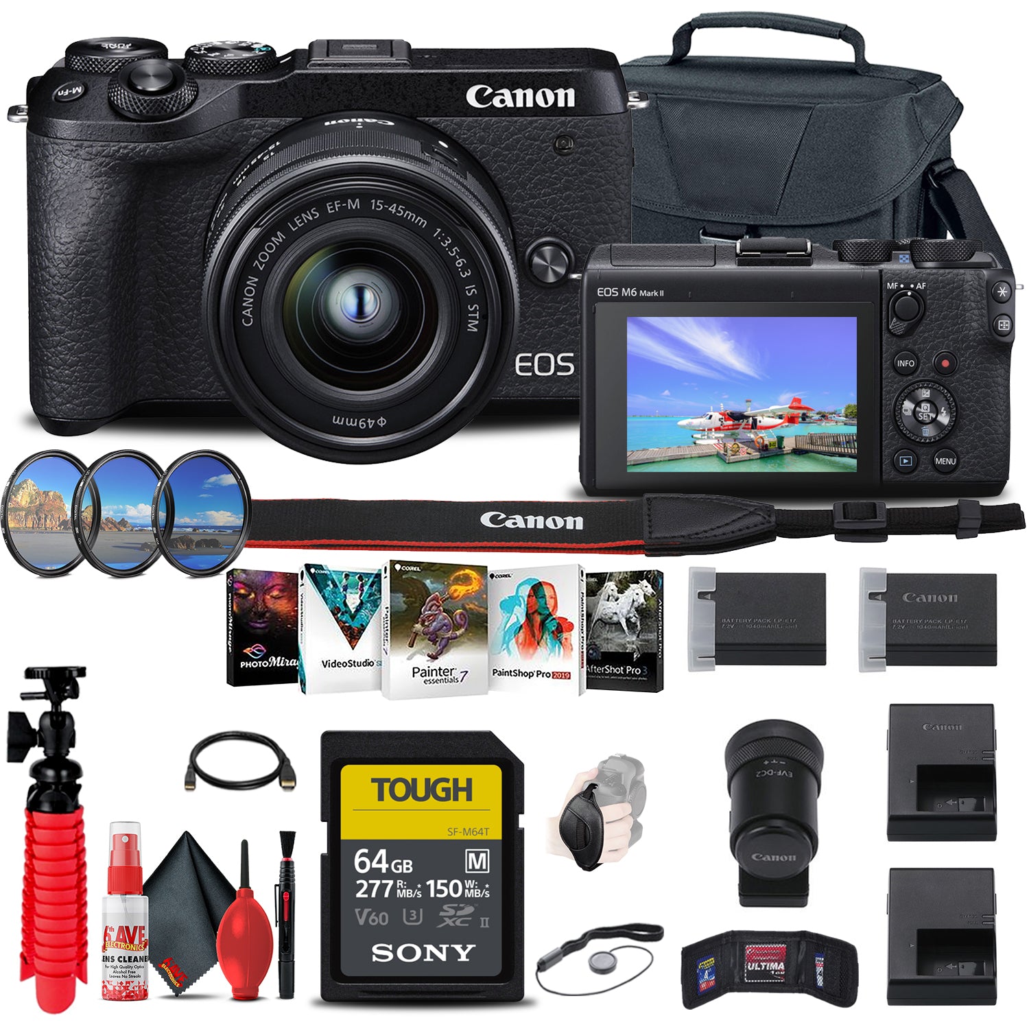 Canon EOS M6 Mark II Mirrorless Camera with 15-45mm Lens and EVF-DC2 Mountain Bundle
