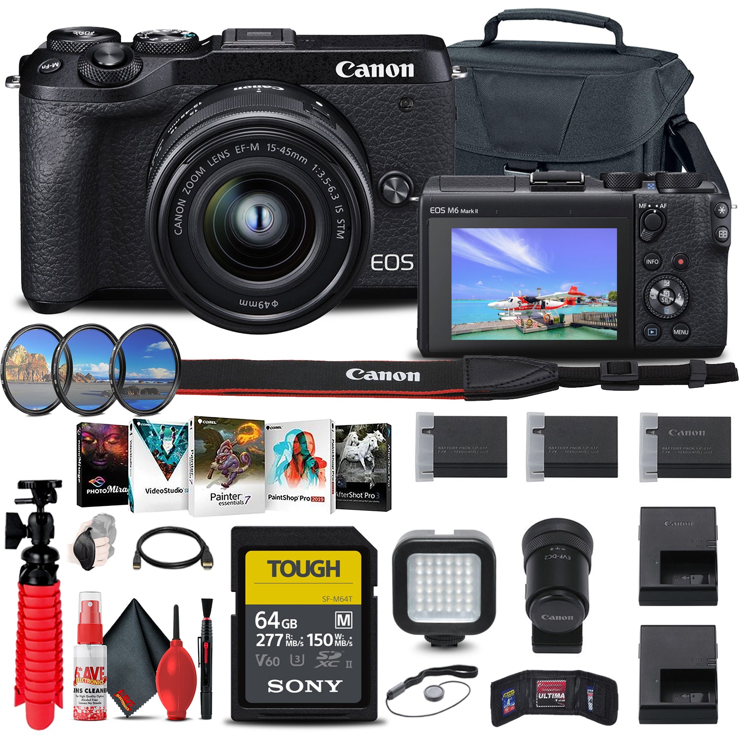 Canon EOS M6 Mark II Mirrorless Camera with 15-45mm Lens and EVF-DC2 Graphic Bundle
