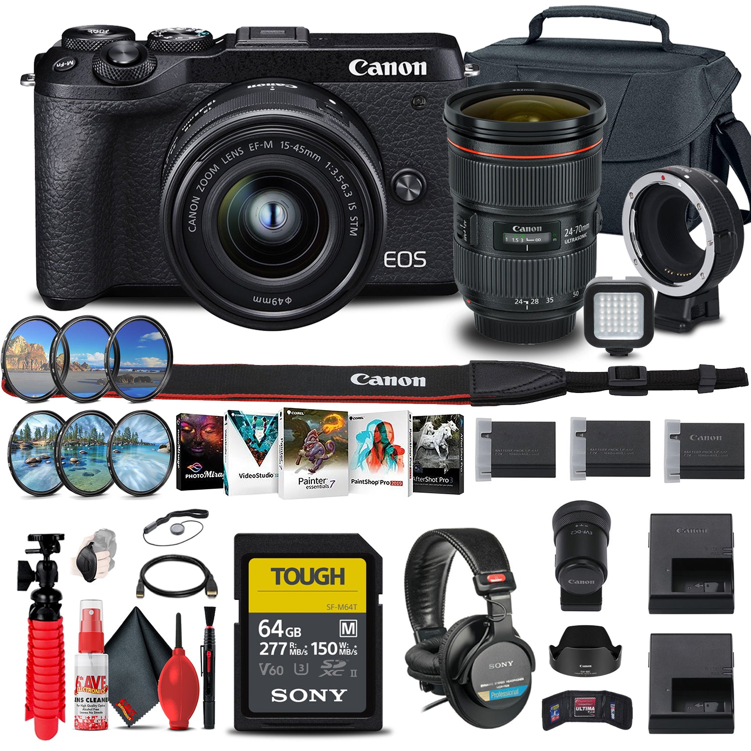 Canon EOS M6 Mark II Mirrorless Camera with 15-45mm Lens and EVF-DC2 All Filters Bundle
