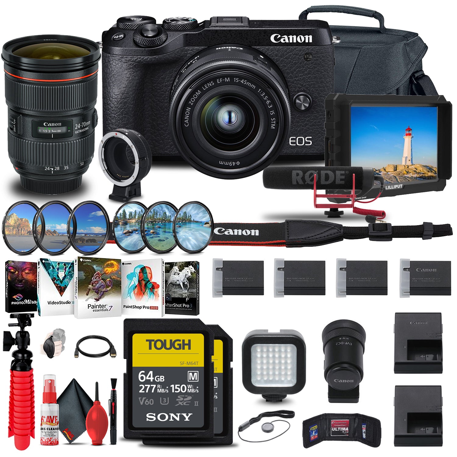 Canon EOS M6 Mark II Mirrorless Camera with 15-45mm Lens and EVF-DC2 Flexible Tripod Bundle