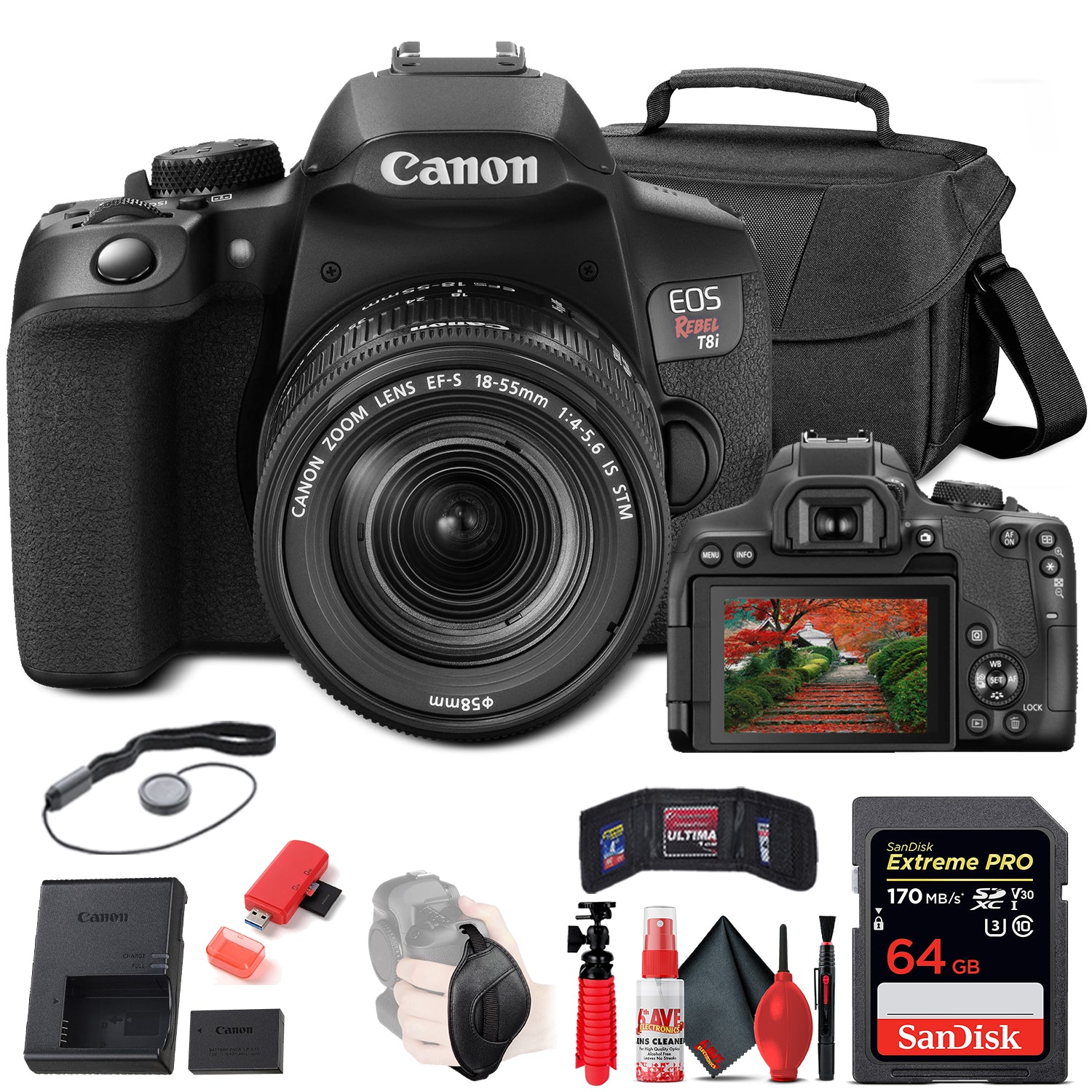 Canon EOS Rebel T8i DSLR Camera with 18-55mm Lens (3924C002) + 64GB Card Base Bundle