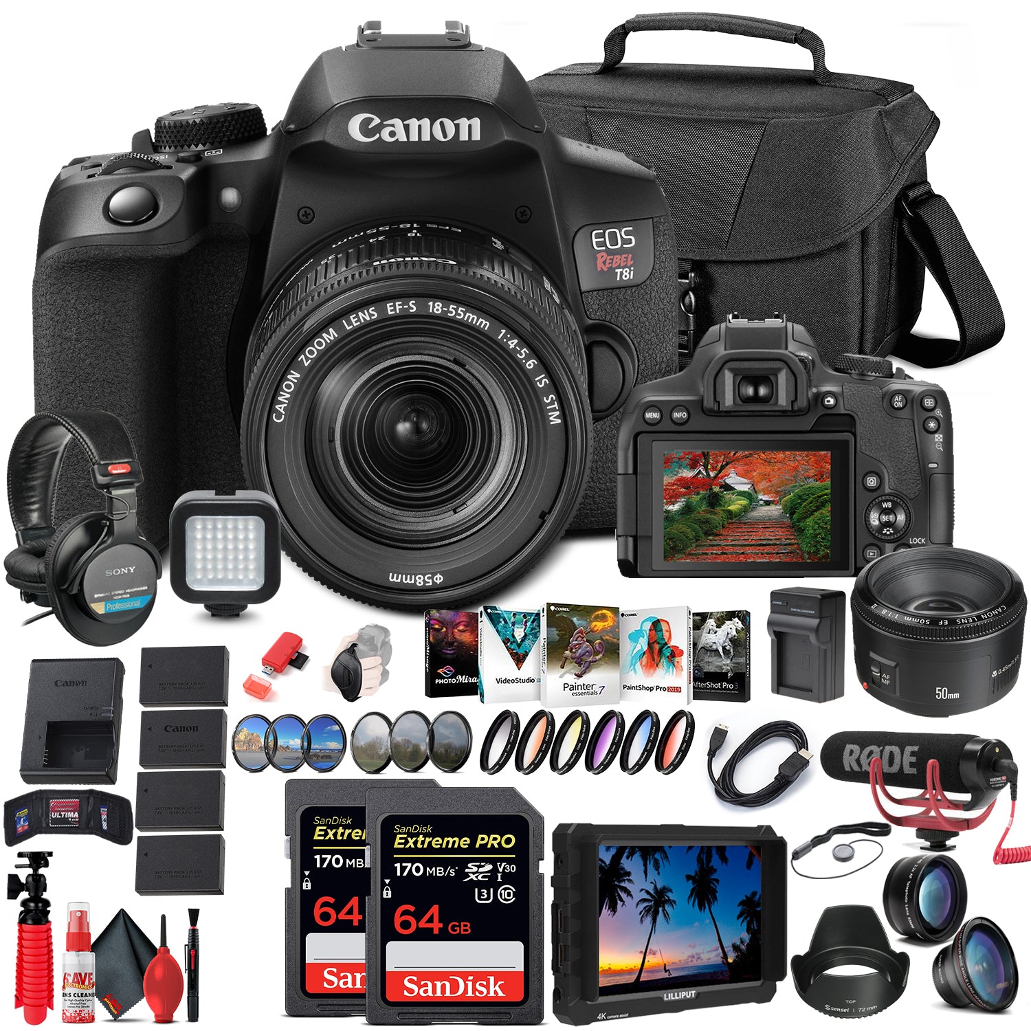 Canon EOS Rebel T8i DSLR Camera with 18-55mm Lens (3924C002) + 4K Monitor Ultimate Bundle