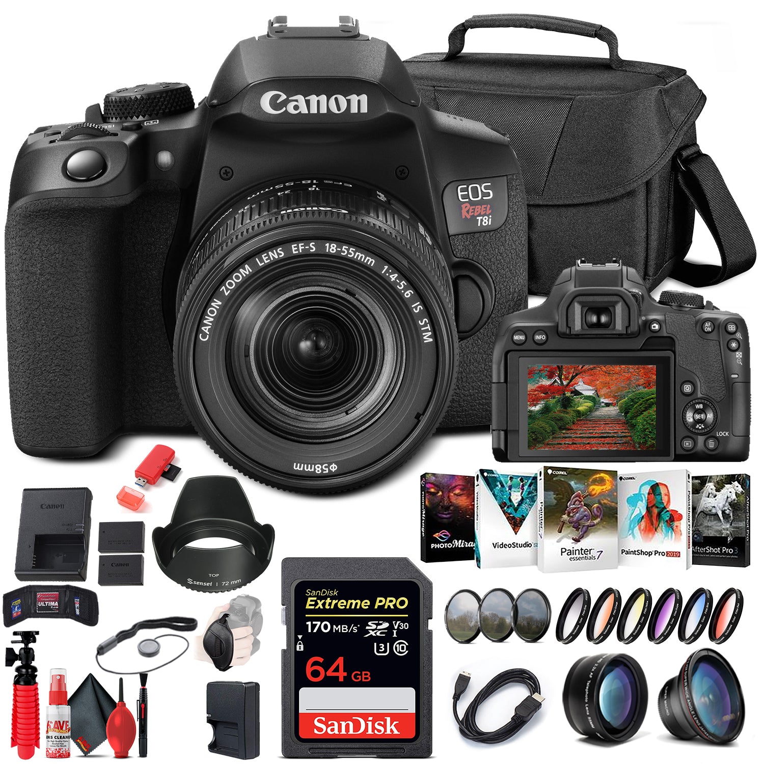 Canon EOS Rebel T8i DSLR Camera with 18-55mm Lens (3924C002) + 64GB Card Starter Bundle