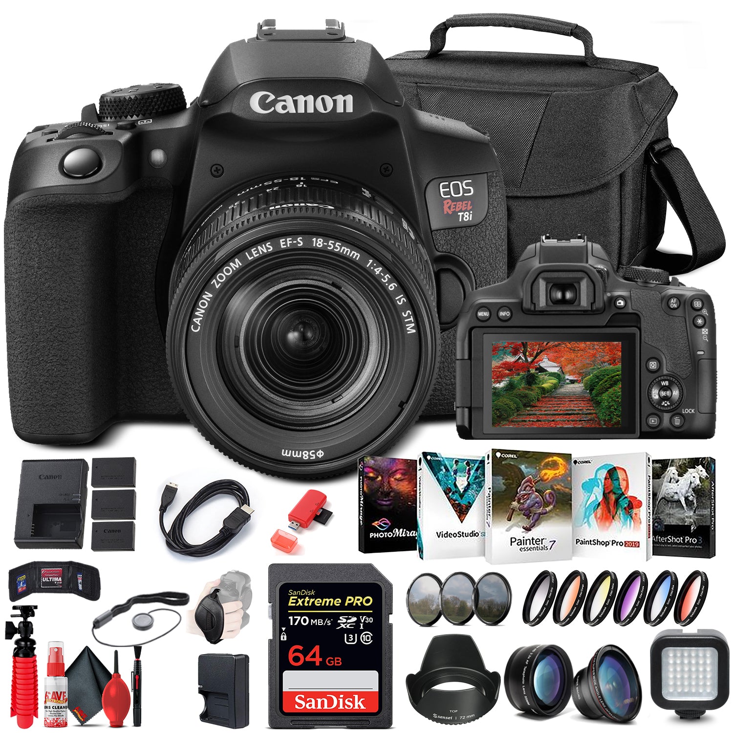 Canon EOS Rebel T8i DSLR Camera with 18-55mm Lens (3924C002) + 64GB Card Pro Bundle