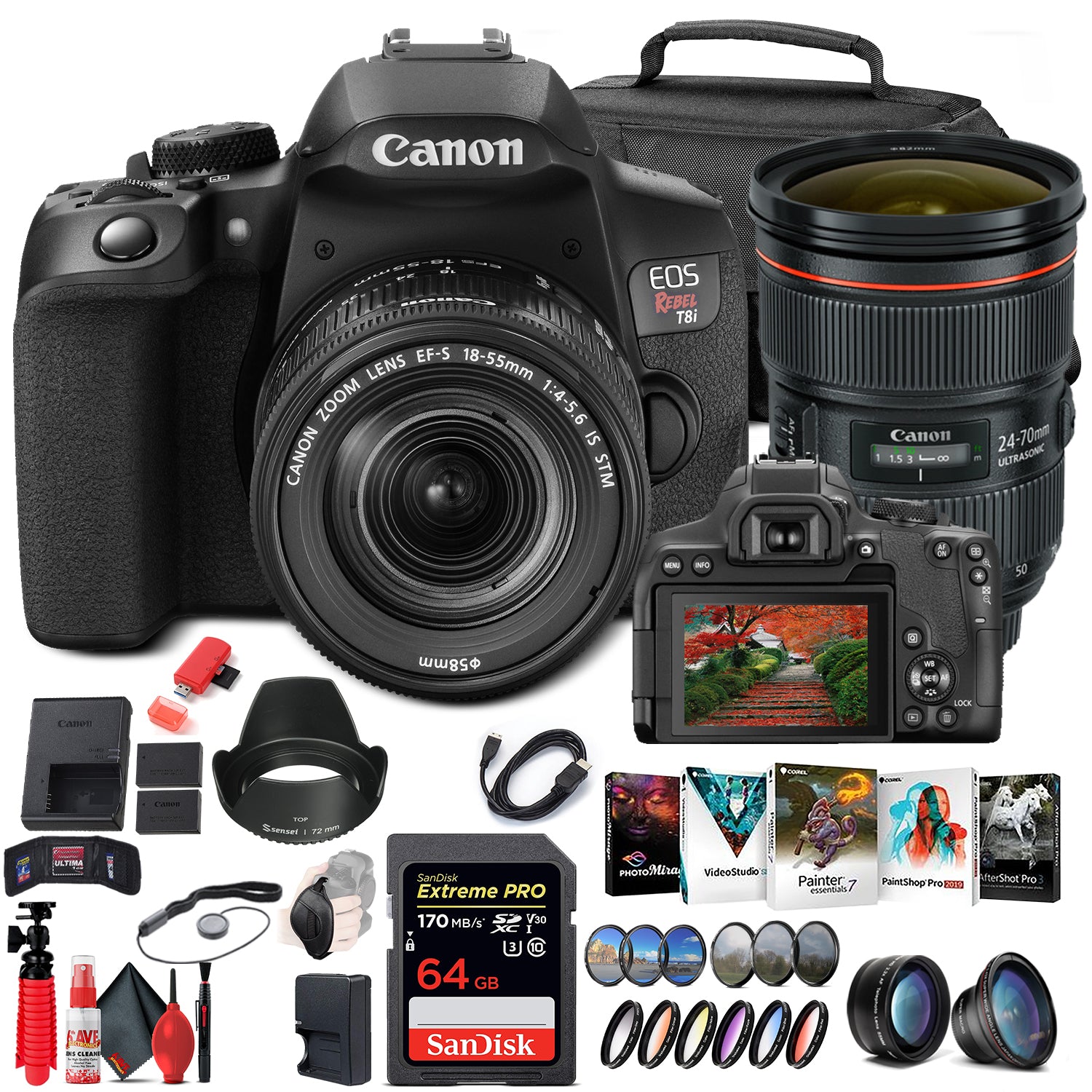 Canon EOS Rebel T8i DSLR Camera with 18-55mm Lens + Canon EF 24-70mm Filter Set Bundle