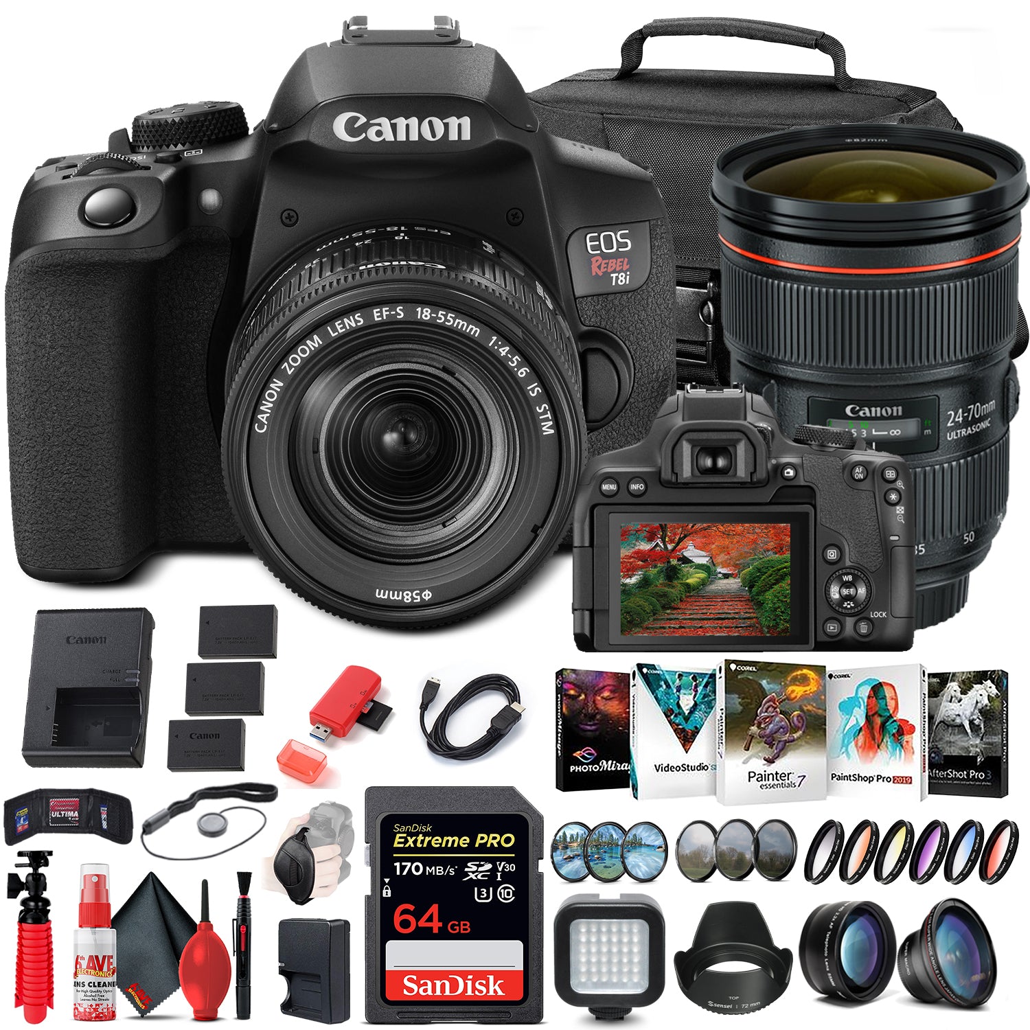 Canon EOS Rebel T8i DSLR Camera with 18-55mm Lens + Canon EF 24-70mm Outdoor Bundle