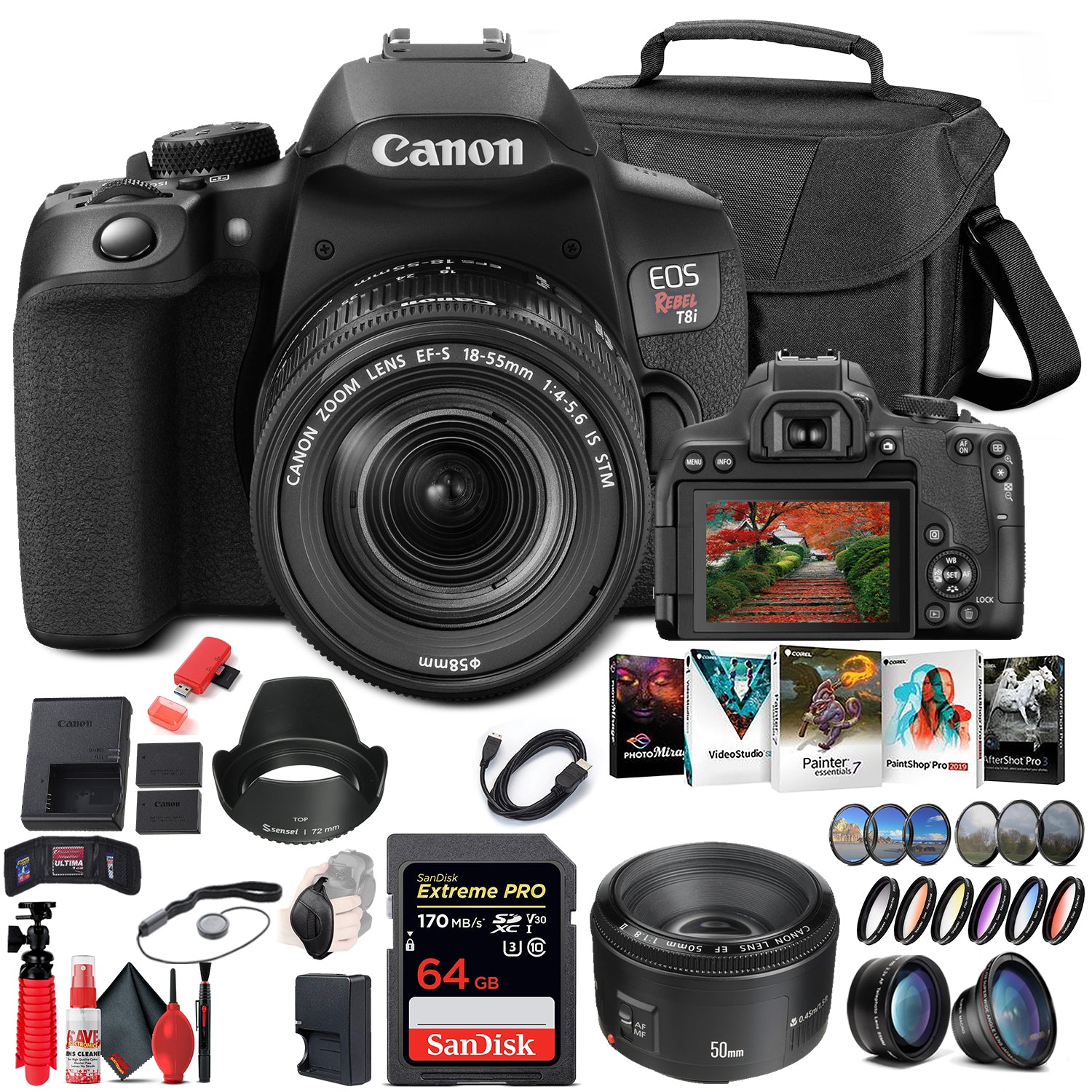 Canon EOS Rebel T8i DSLR Camera with 18-55mm Lens 3924C002 + EF 50mm Lens Graphic Bundle