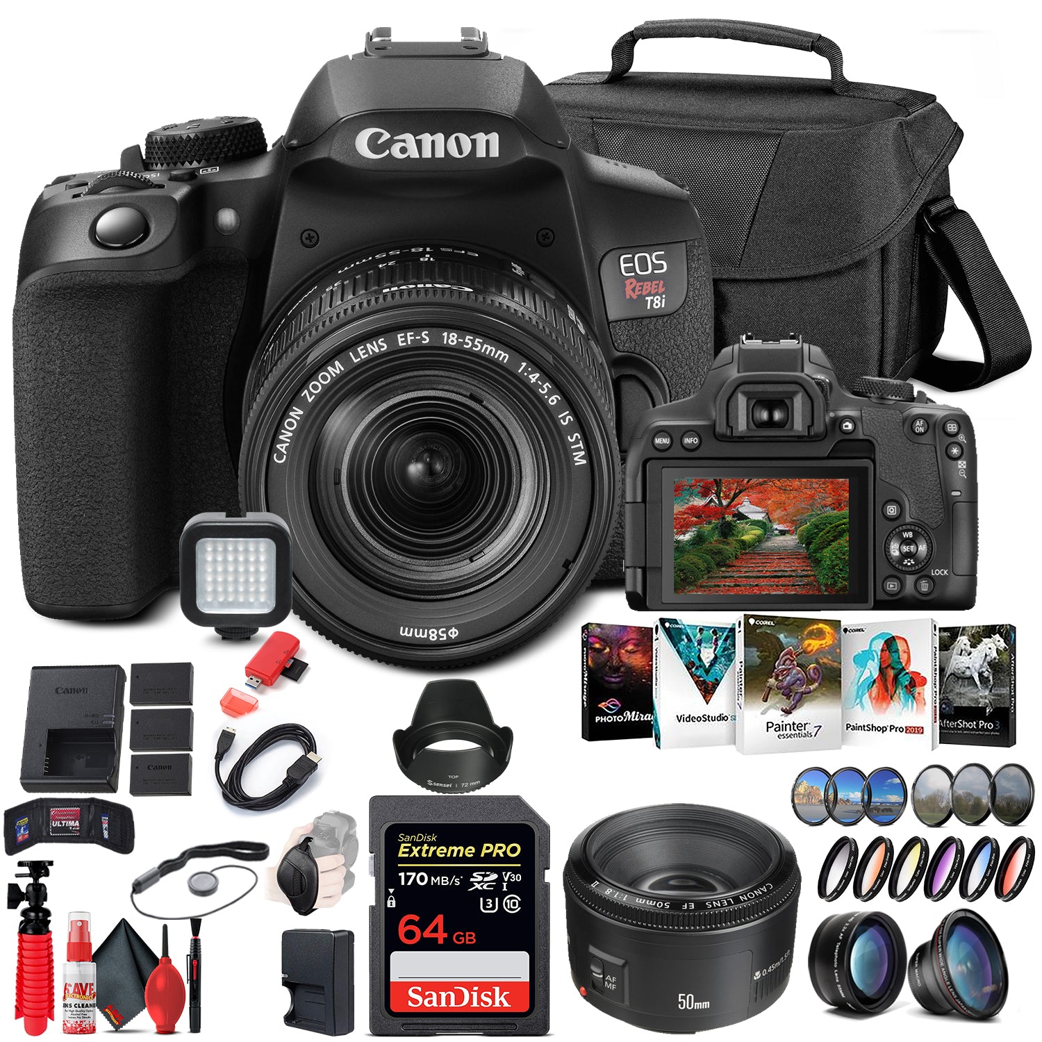 Canon EOS Rebel T8i DSLR Camera with 18-55mm Lens 3924C002 + EF 50mm Lens Tripod Bundle