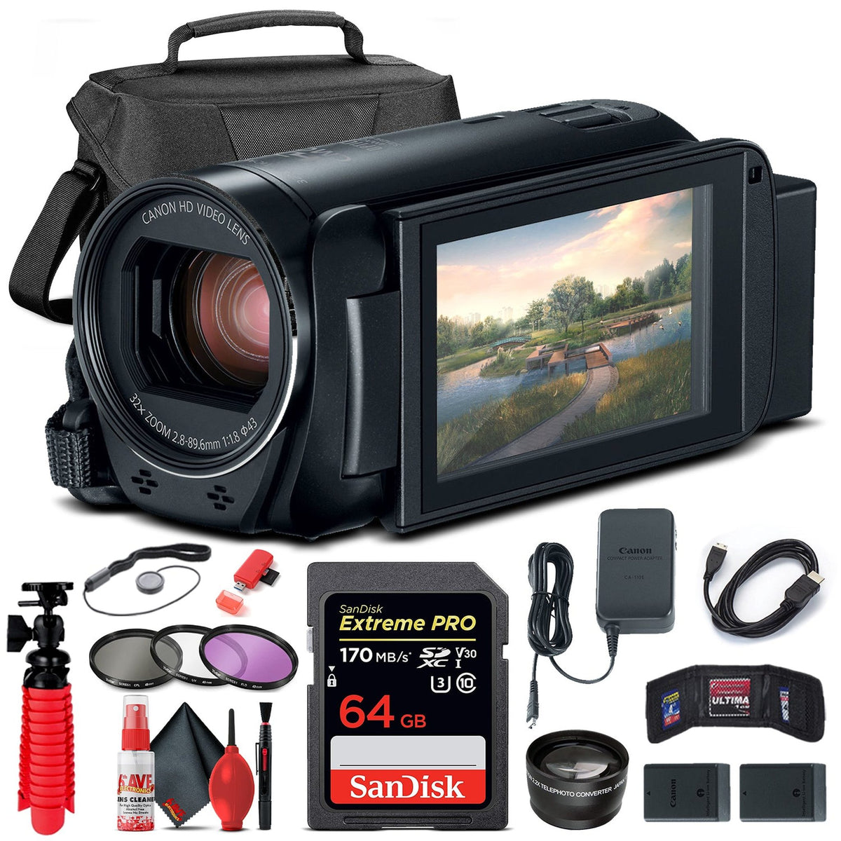 Canon VIXIA HF R800 Camcorder Black 1960C002 + 64GB Card + Case + More