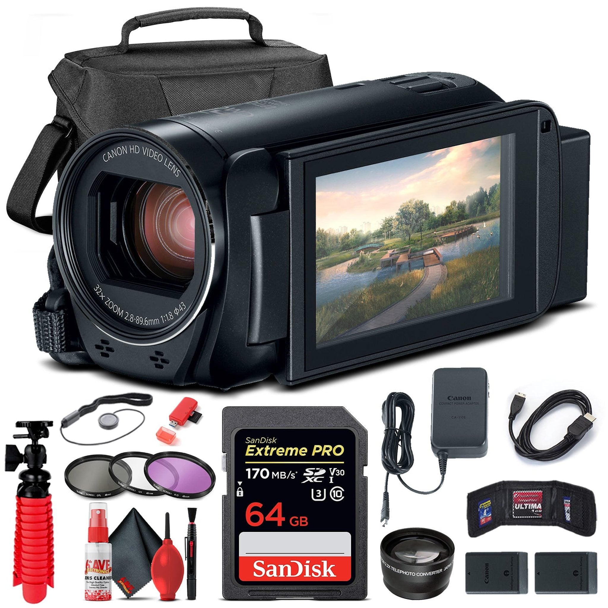 Canon VIXIA HF R800 Camcorder Black 1960C002 + 64GB Card + Case + More