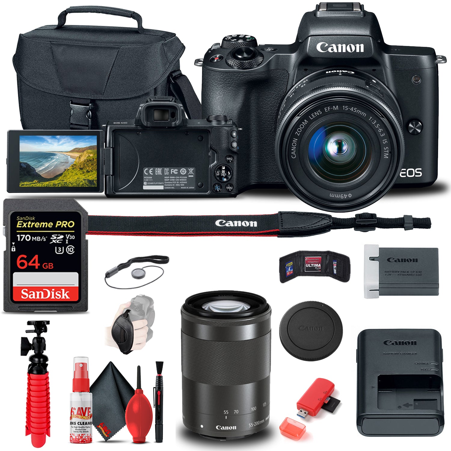 Canon EOS M50 Mirrorless Digital Camera with 15-45mm and 55-200mm Lenses Complete Starter Bundle