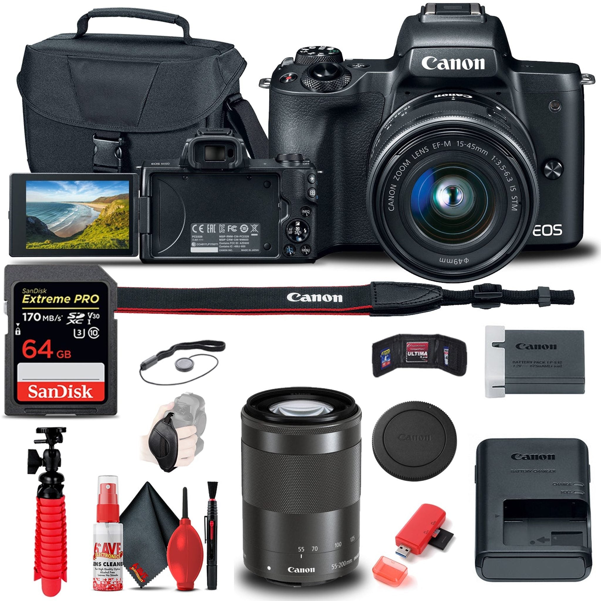 Canon EOS M50 Mirrorless Digital Camera with 15-45mm and 55-200mm Lenses Complete Starter Bundle