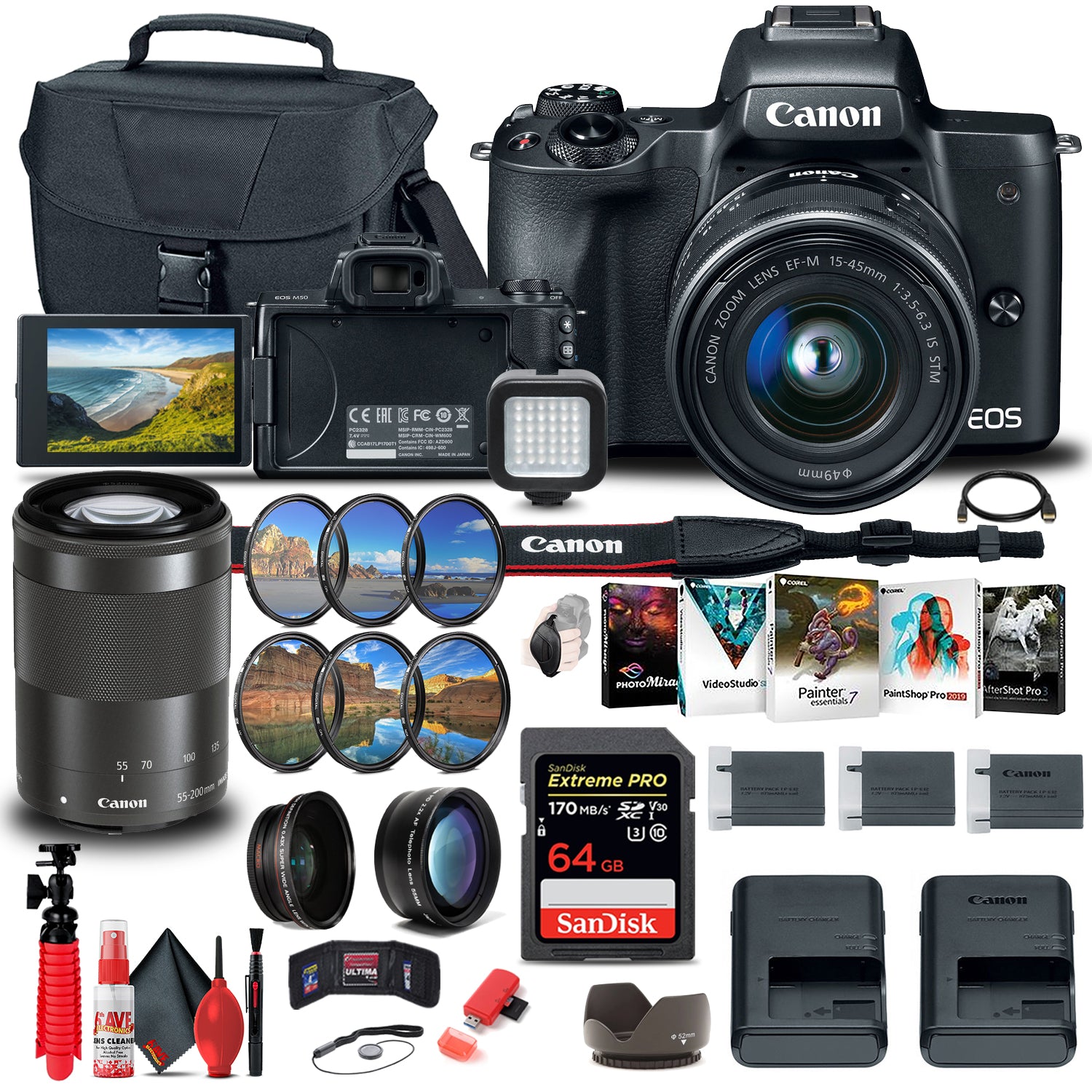 Canon EOS M50 Mirrorless Digital Camera with 15-45mm and 55-200mm Lenses Ultimate Graphic Bundle