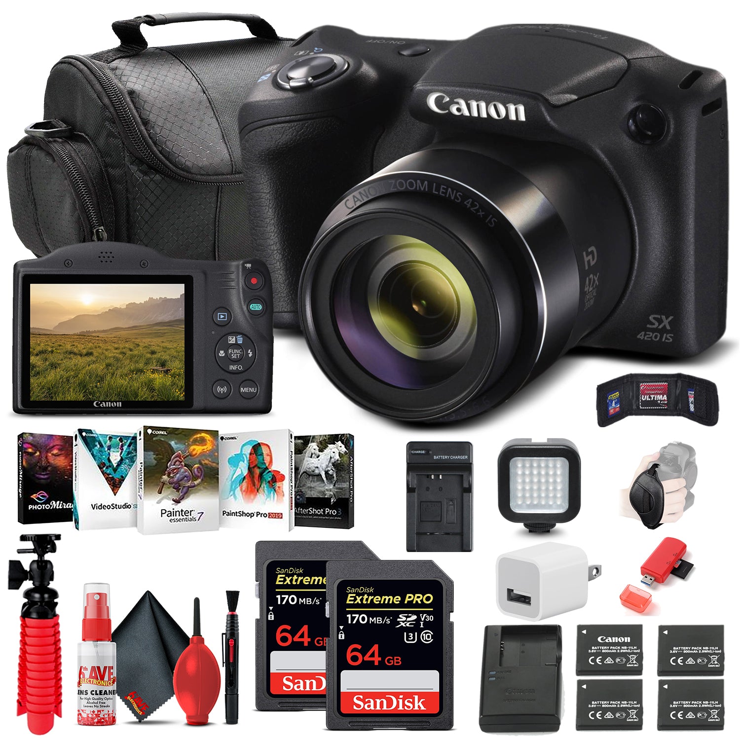 Canon PowerShot SX420 IS Digital Camera (1068C001) + 2x 64GB Cardd + More