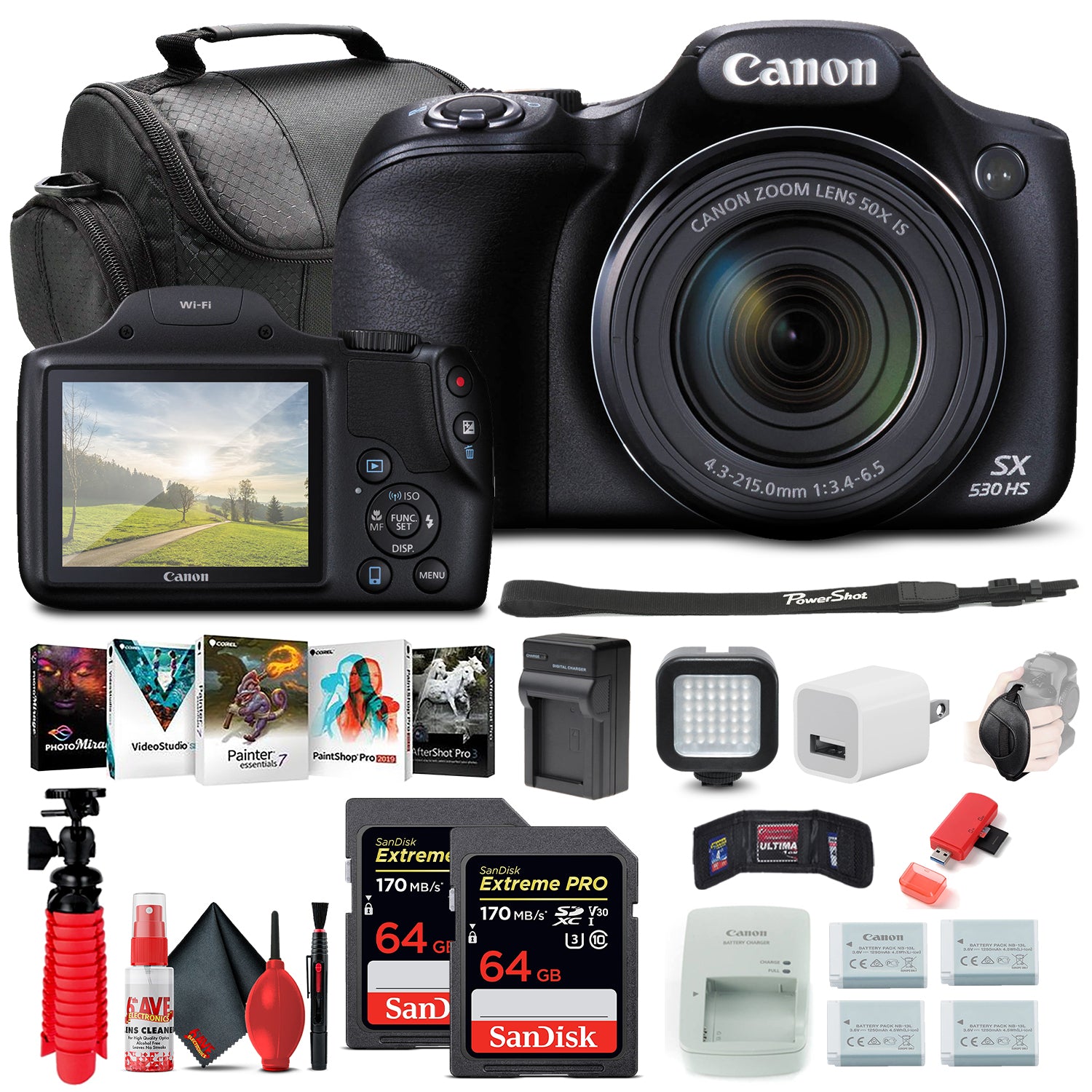Canon PowerShot SX530 HS Digital Camera (9779B001) + 2 x 64GB Cards + More