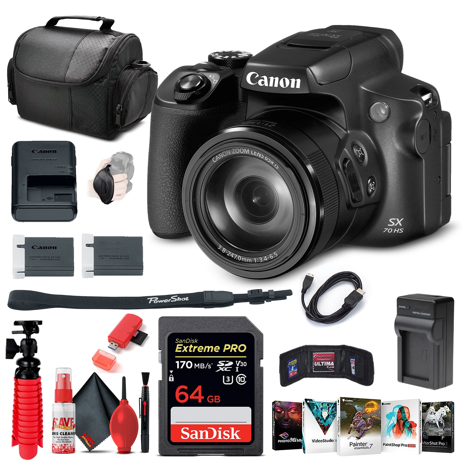 Canon PowerShot SX70 HS Digital Camera 3071C001 + 64GB Card + More