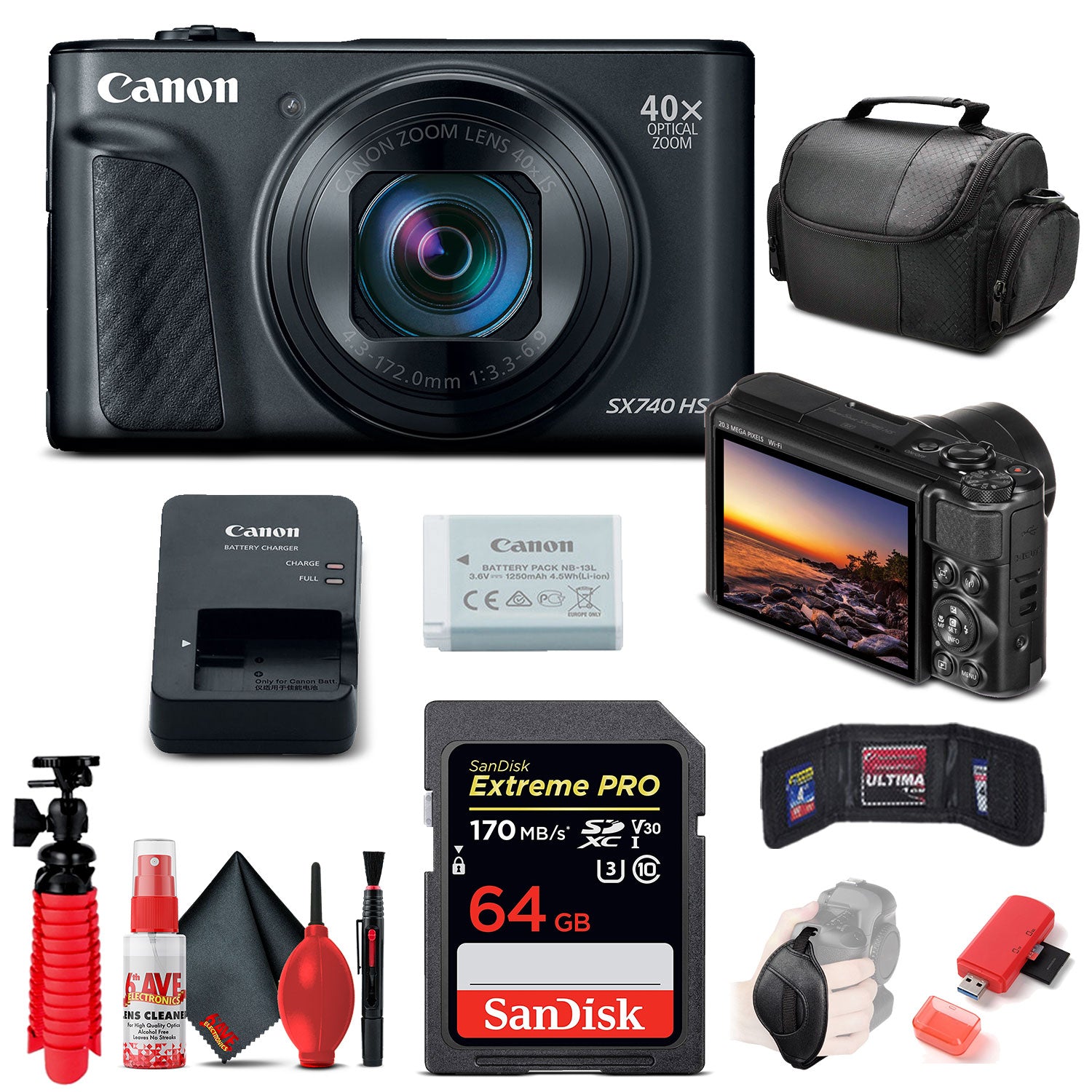 Canon PowerShot SX740 HS Digital Camera (Black) (2955C001) + 64GB Card Base Bundle