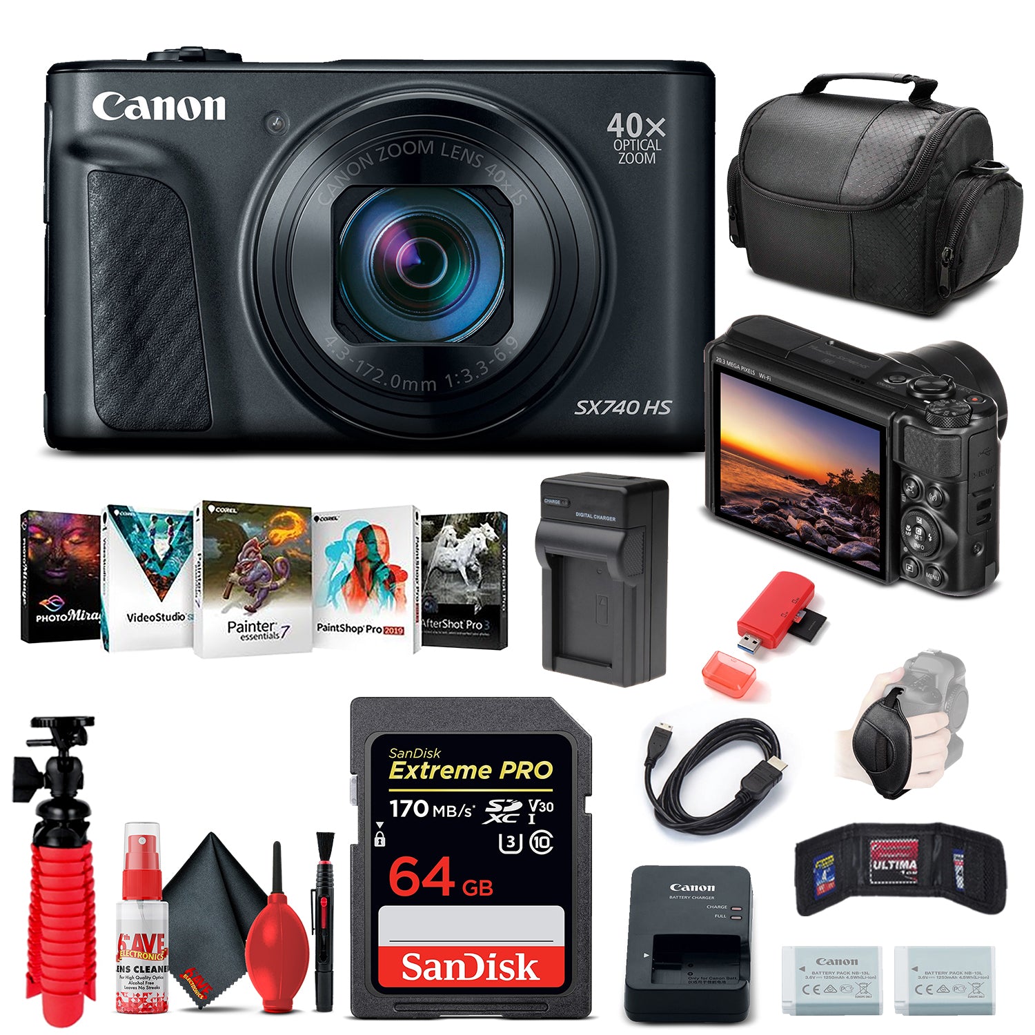 Canon PowerShot SX740 HS Digital Camera (Black) (2955C001) + 64GB Card Starter Bundle