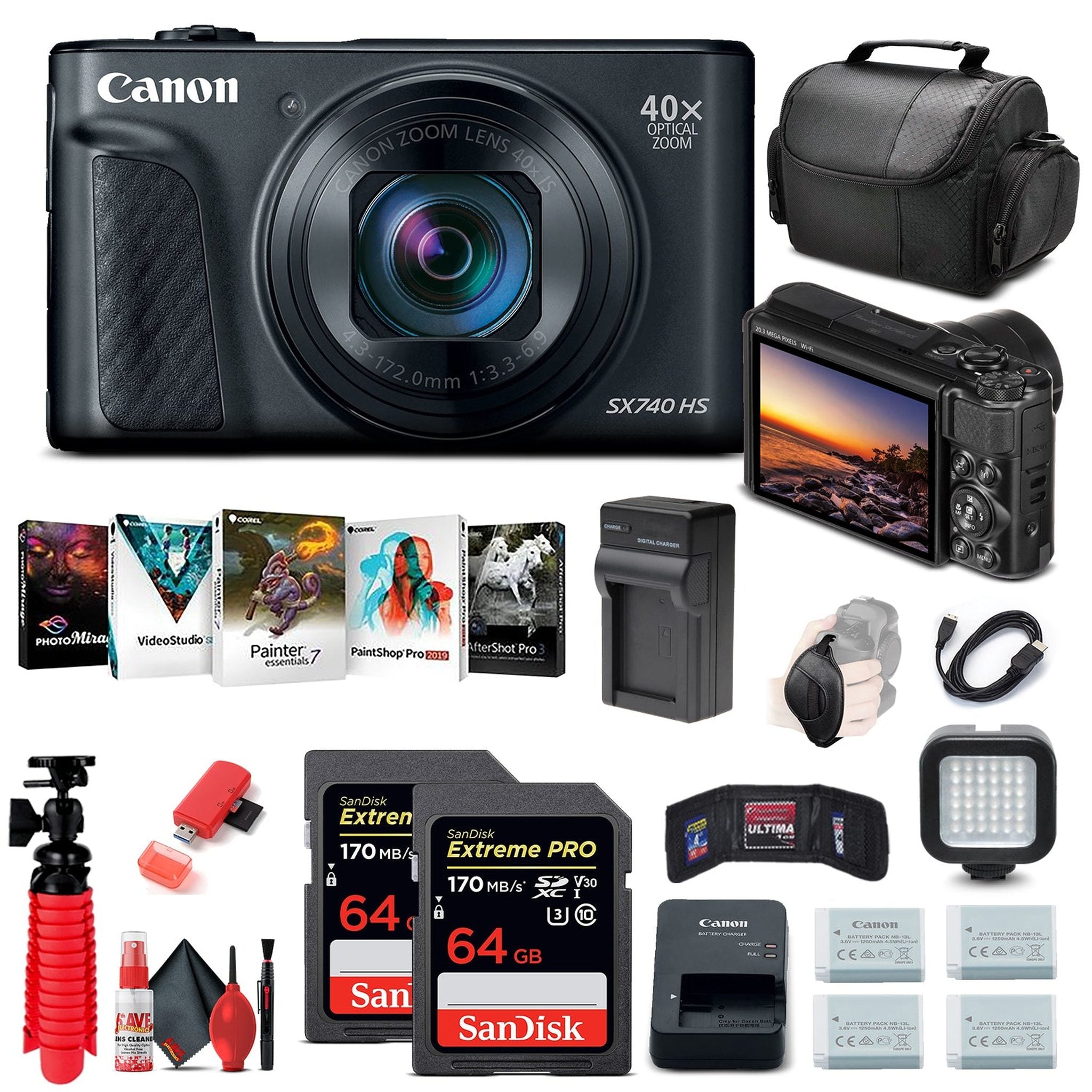 Canon PowerShot SX740 HS Digital Camera Black 2955C001 + 64GB Card + More - Reconditioned Canon