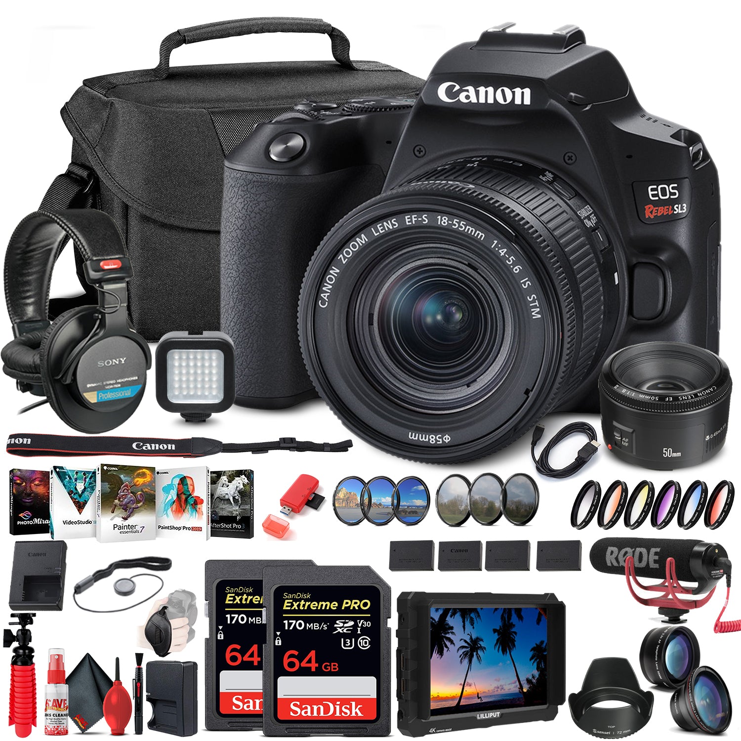 Canon EOS Rebel SL3 DSLR Camera with 18-55mm Lens (Black) (3453C002) Extreme Video Monitor Bundle