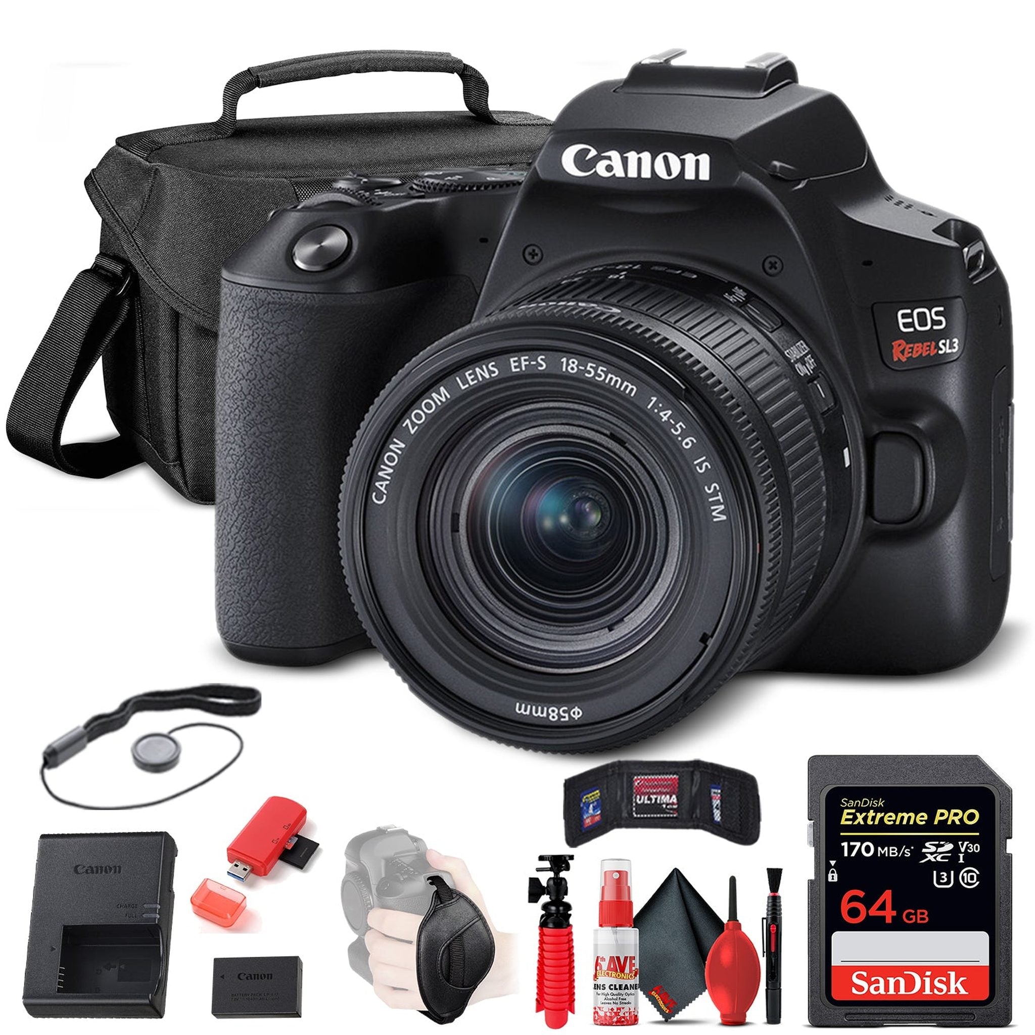 Canon EOS Rebel SL3 DSLR Camera W/ 18-55mm Lens Black 3453C002 + 64GB + More - Reconditioned Canon